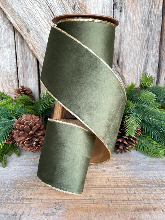 4" Forest Green Velvet Ribbon, Moss Green & Gold Velvet Ribbon, Christmas RIbbon, Moss Green Velvet Ribbon, Designer Ribbon, Woodsy Green