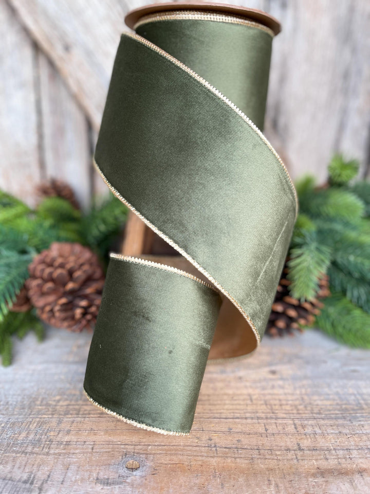 4" Forest Green Velvet Ribbon, Moss Green &amp; Gold Velvet Ribbon, Christmas RIbbon