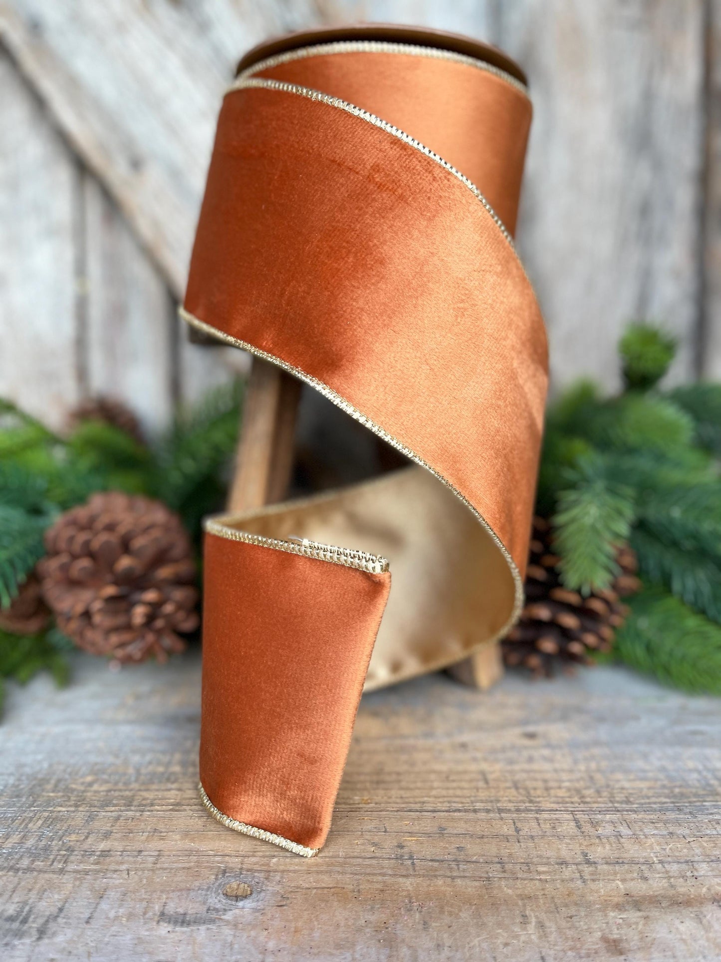 Copper Brown Velvet Wired Ribbon: 4" Fall Christmas Decor