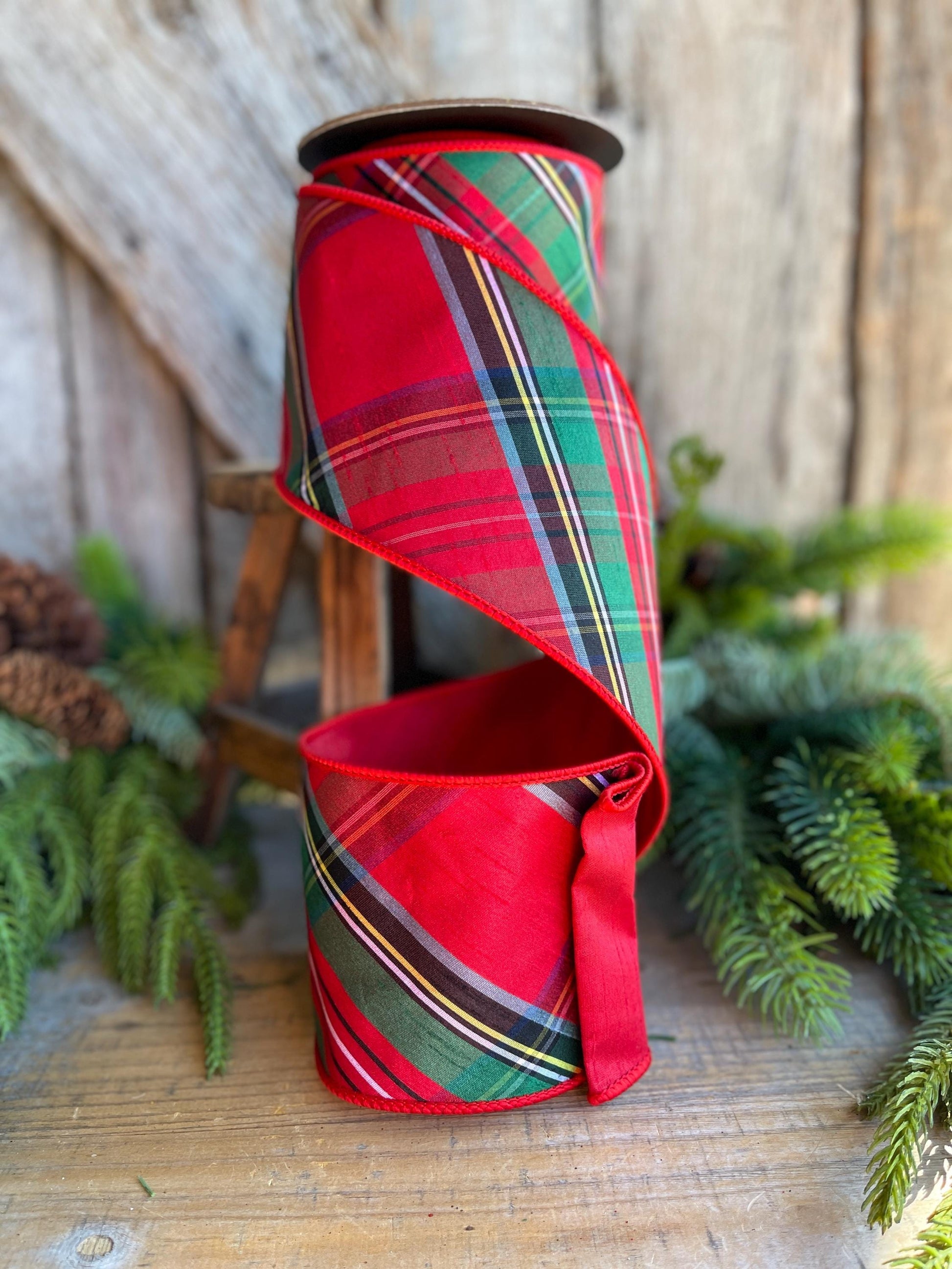 4" Traditional CHristmas Plaid, Wired Ribbon, Red Blue Chirstmas Plaid RIbbon, RIbbon for Treee, Christmas Plaid