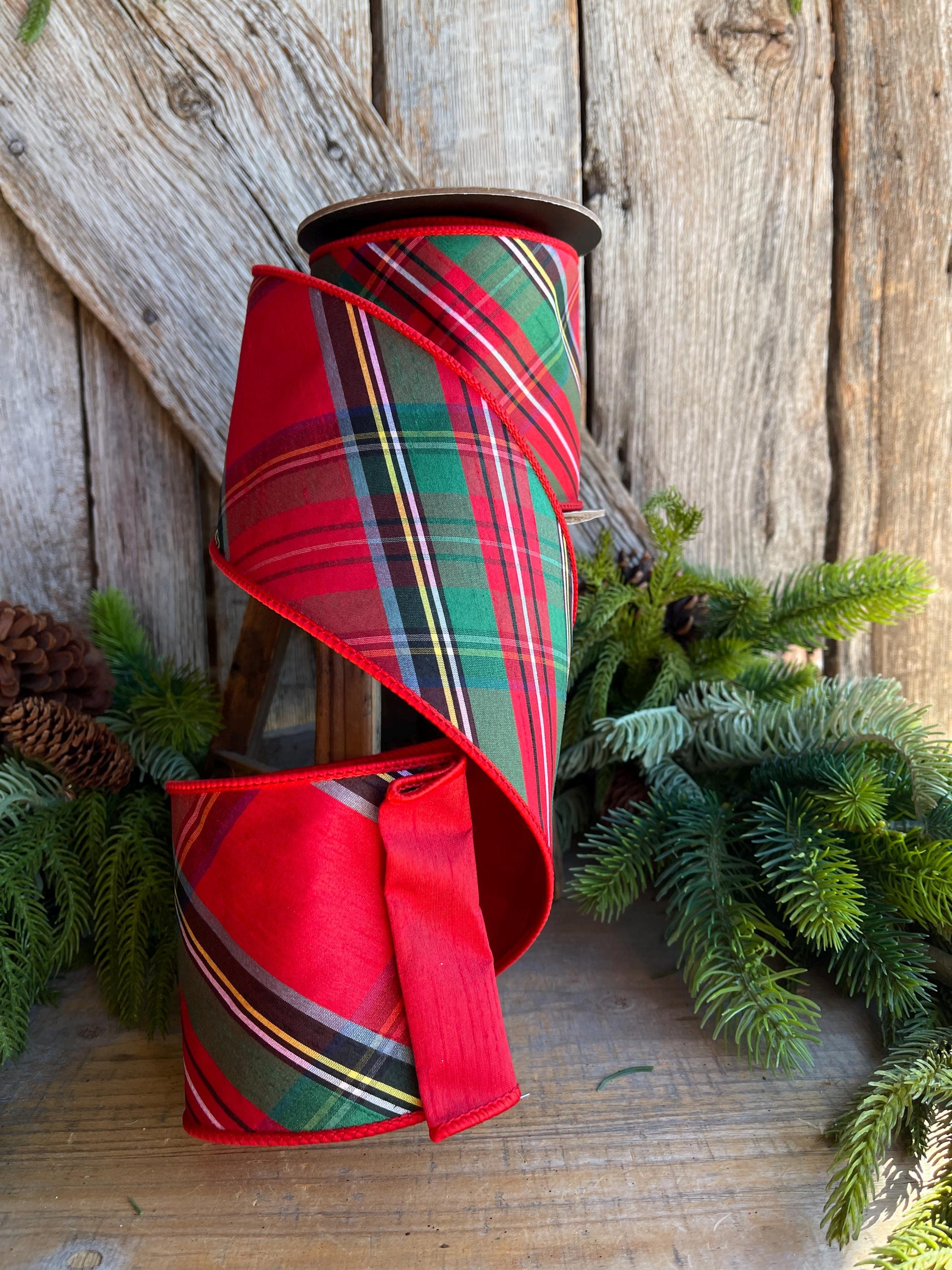 4" Traditional CHristmas Plaid, Wired Ribbon, Red Blue Chirstmas Plaid RIbbon, RIbbon for Treee, Christmas Plaid
