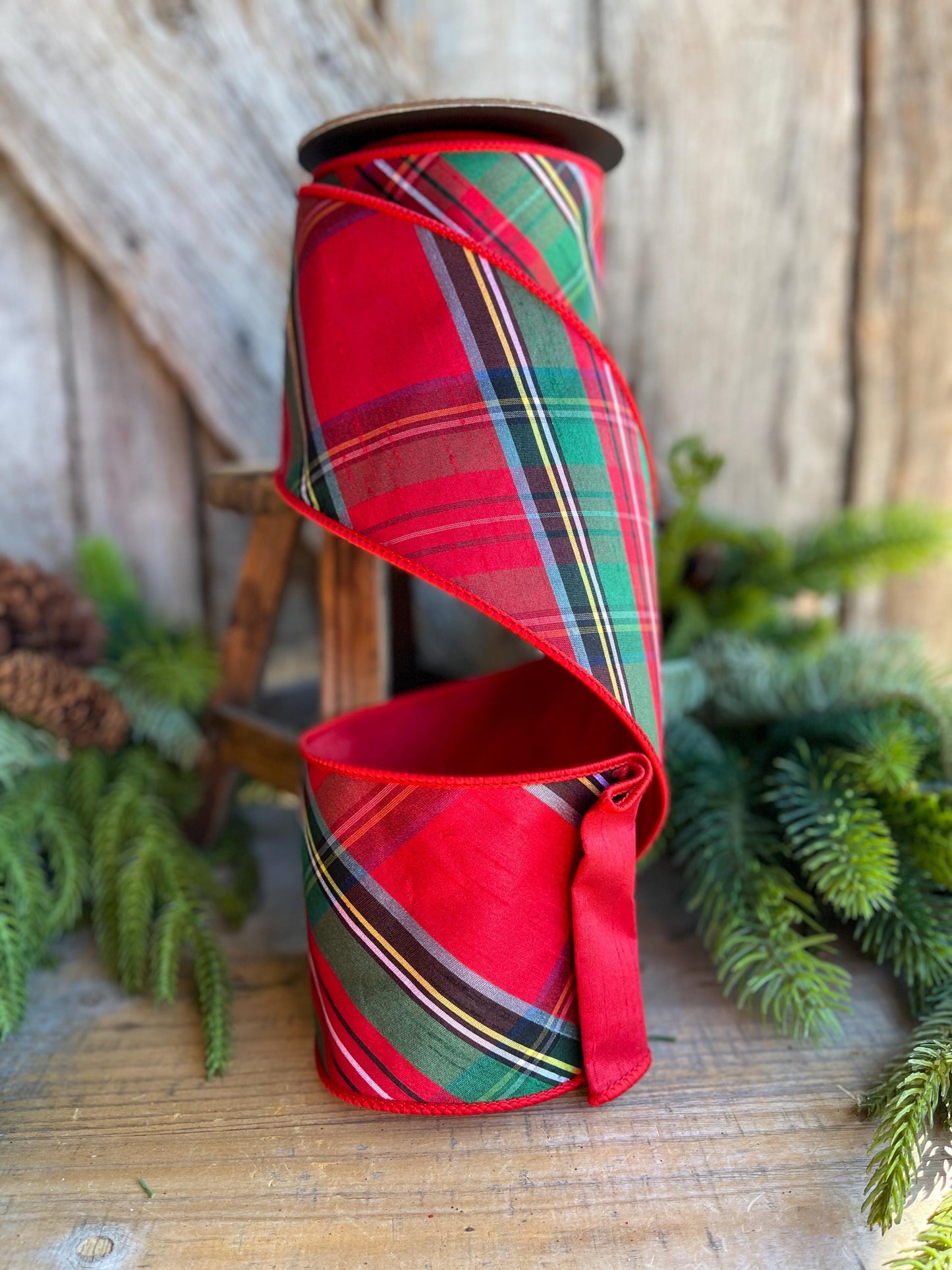 4" Traditional CHristmas Plaid, Wired Ribbon, Red Blue Chirstmas Plaid RIbbon, RIbbon for Treee, Christmas Plaid