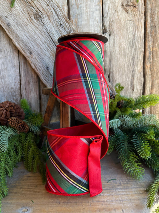 4" Traditional CHristmas Plaid, Wired Ribbon, Red Blue Chirstmas Plaid RIbbon, RIbbon for Treee, Christmas Plaid