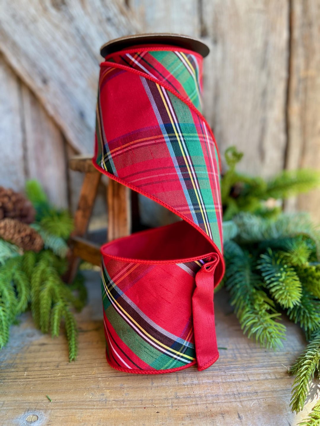 4" Traditional CHristmas Plaid, Wired Ribbon, Red Blue Chirstmas Plaid RIbbon