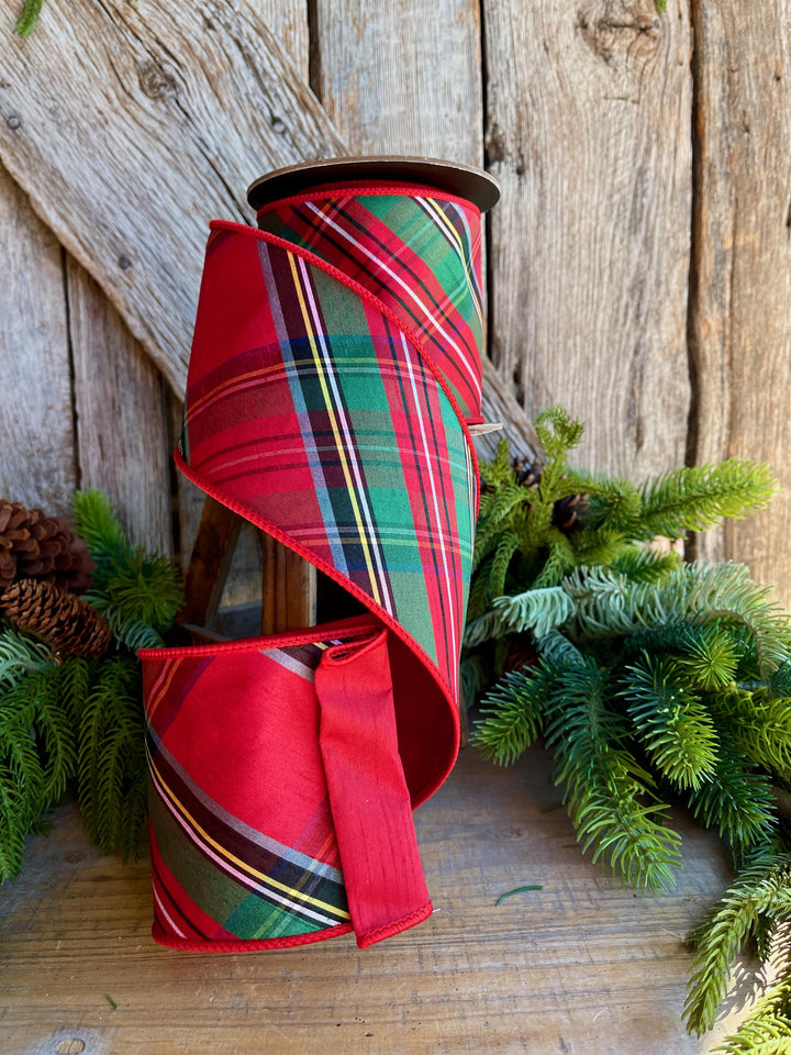 4" Traditional CHristmas Plaid, Wired Ribbon, Red Blue Chirstmas Plaid RIbbon