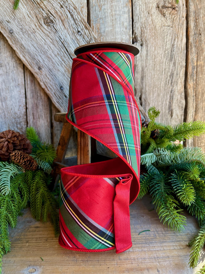 4" Traditional CHristmas Plaid, Wired Ribbon, Red Blue Chirstmas Plaid RIbbon