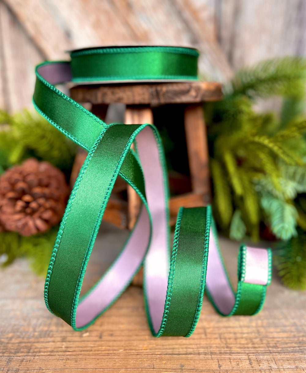 1" Green & Pink Satin Ribbon, Farrisilk Ribbon, Exclusive Ribbon