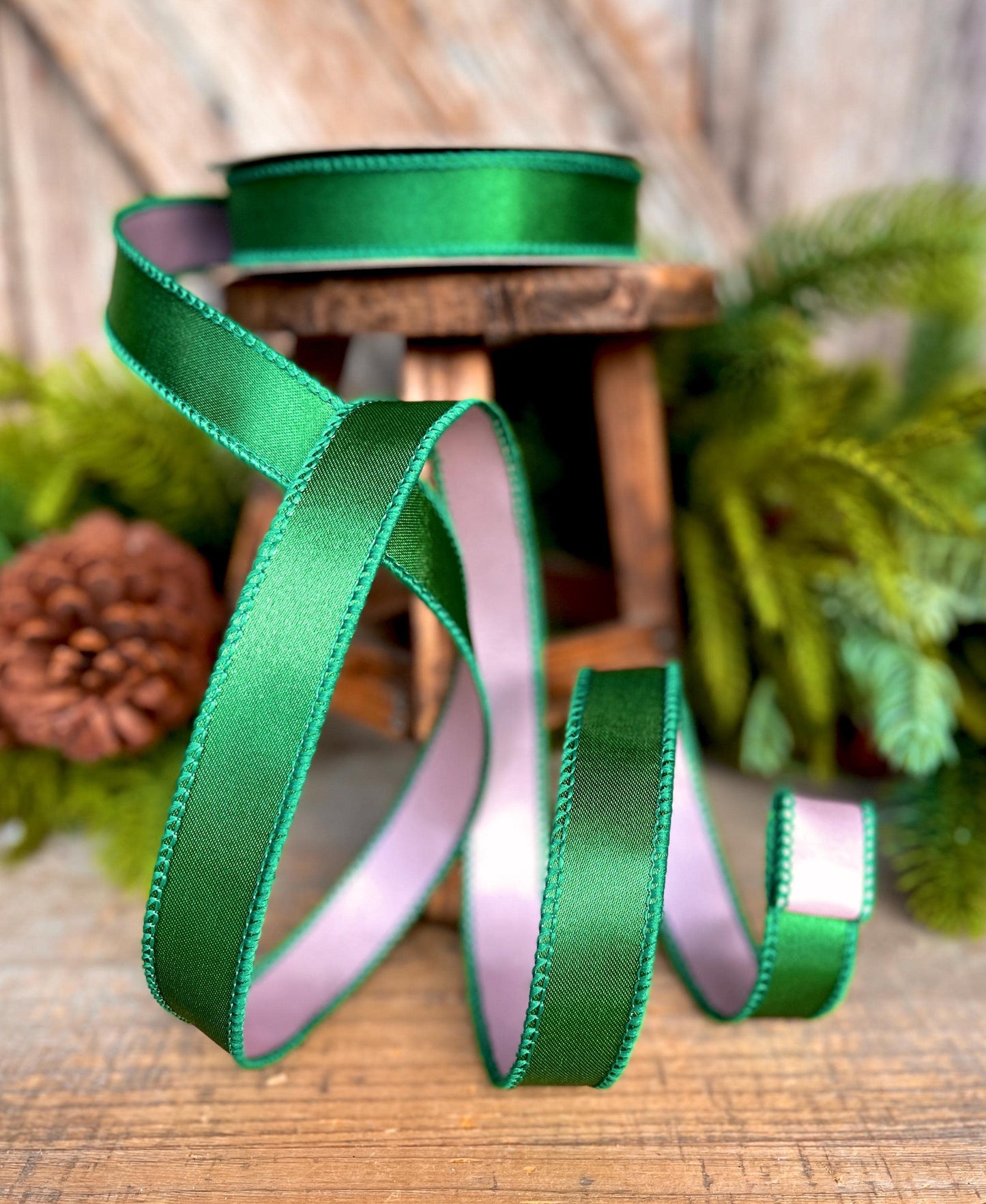 1" Green & Pink Satin Ribbon, Farrisilk Ribbon, Exclusive Ribbon, Christmas RIbbon