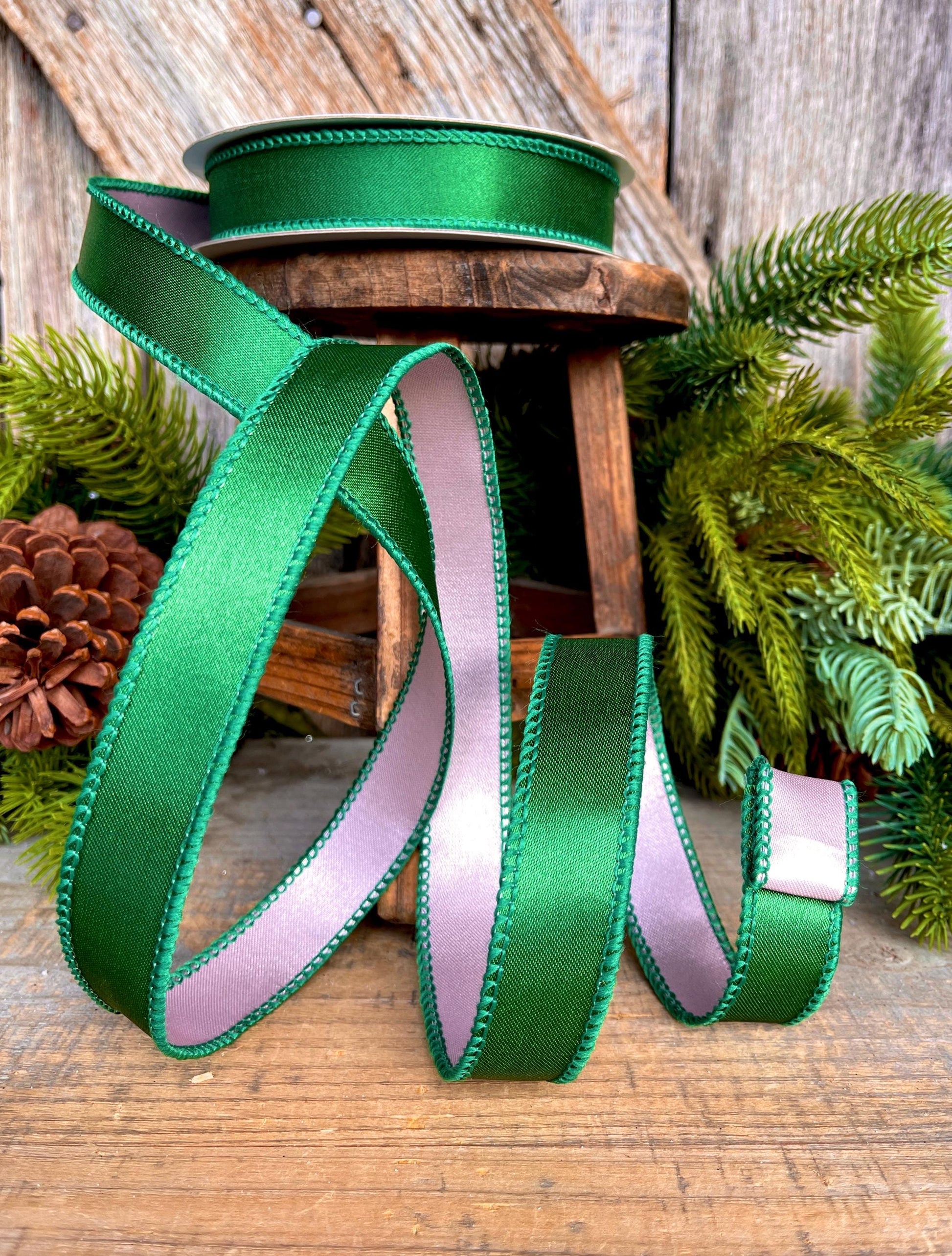 1" Green & Pink Satin Ribbon, Farrisilk Ribbon, Exclusive Ribbon, Christmas RIbbon