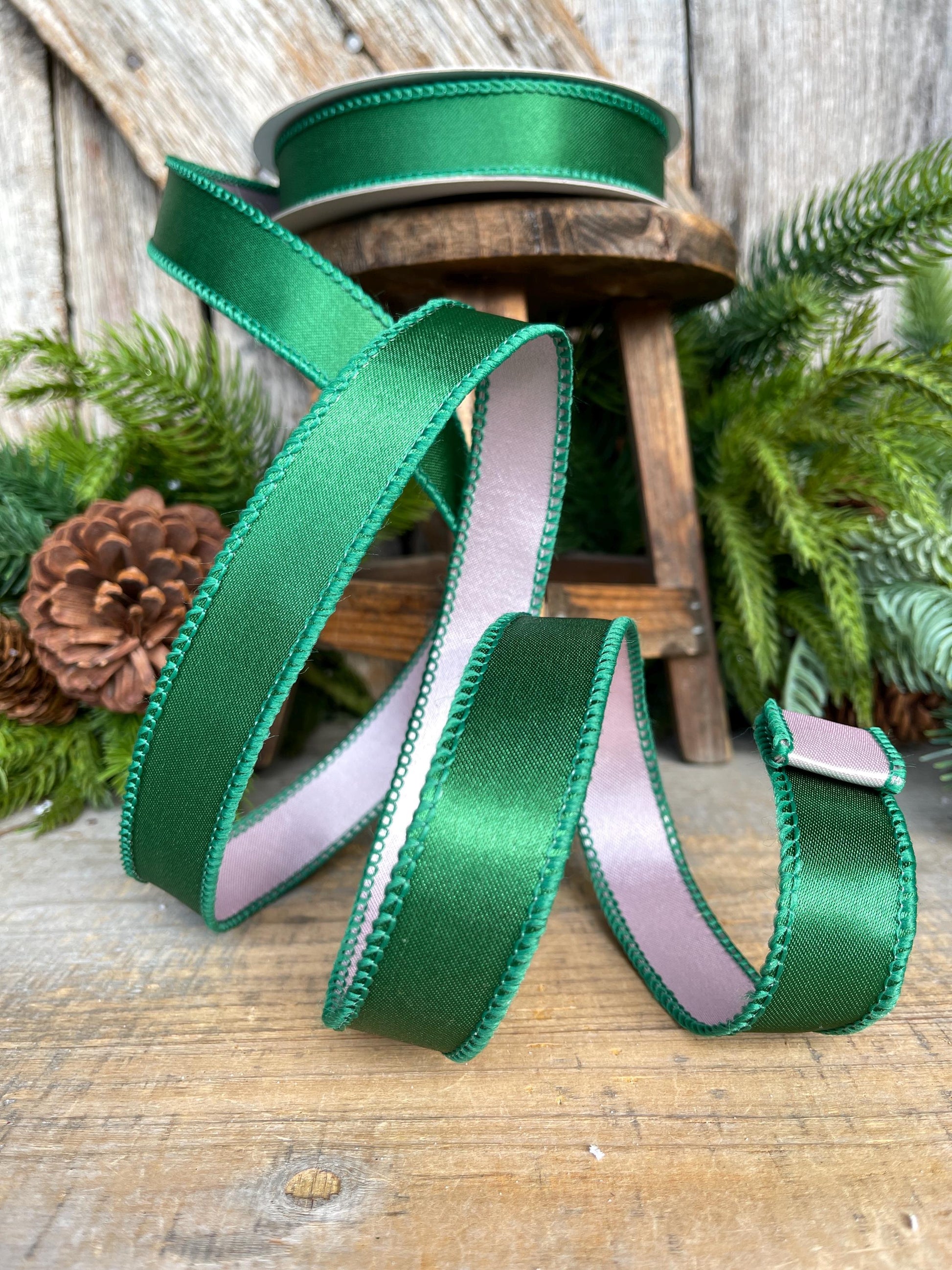 1" Green & Pink Satin Ribbon, Farrisilk Ribbon, Exclusive Ribbon, Christmas RIbbon