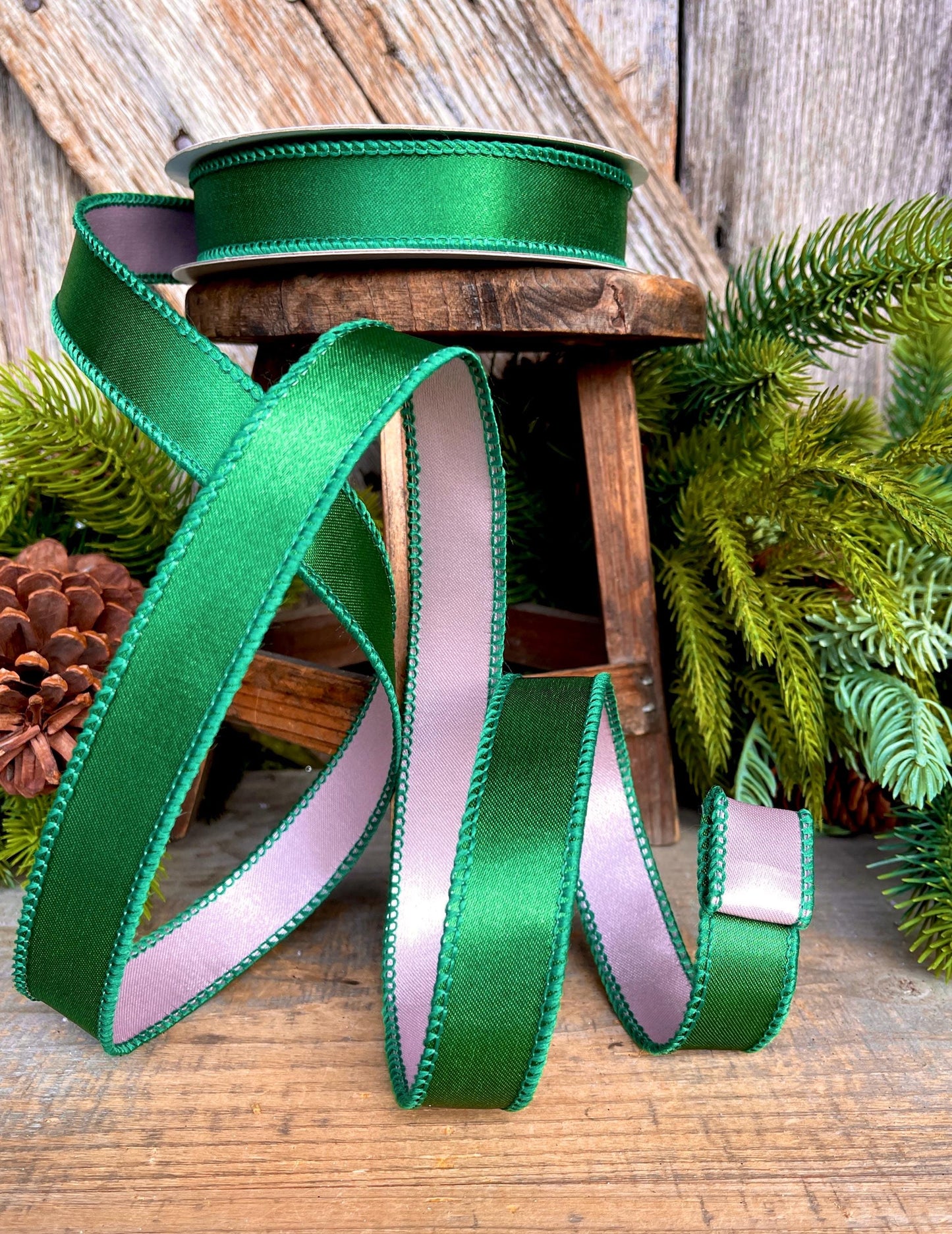 1" Green & Pink Satin Ribbon, Farrisilk Ribbon, Exclusive Ribbon, Christmas RIbbon