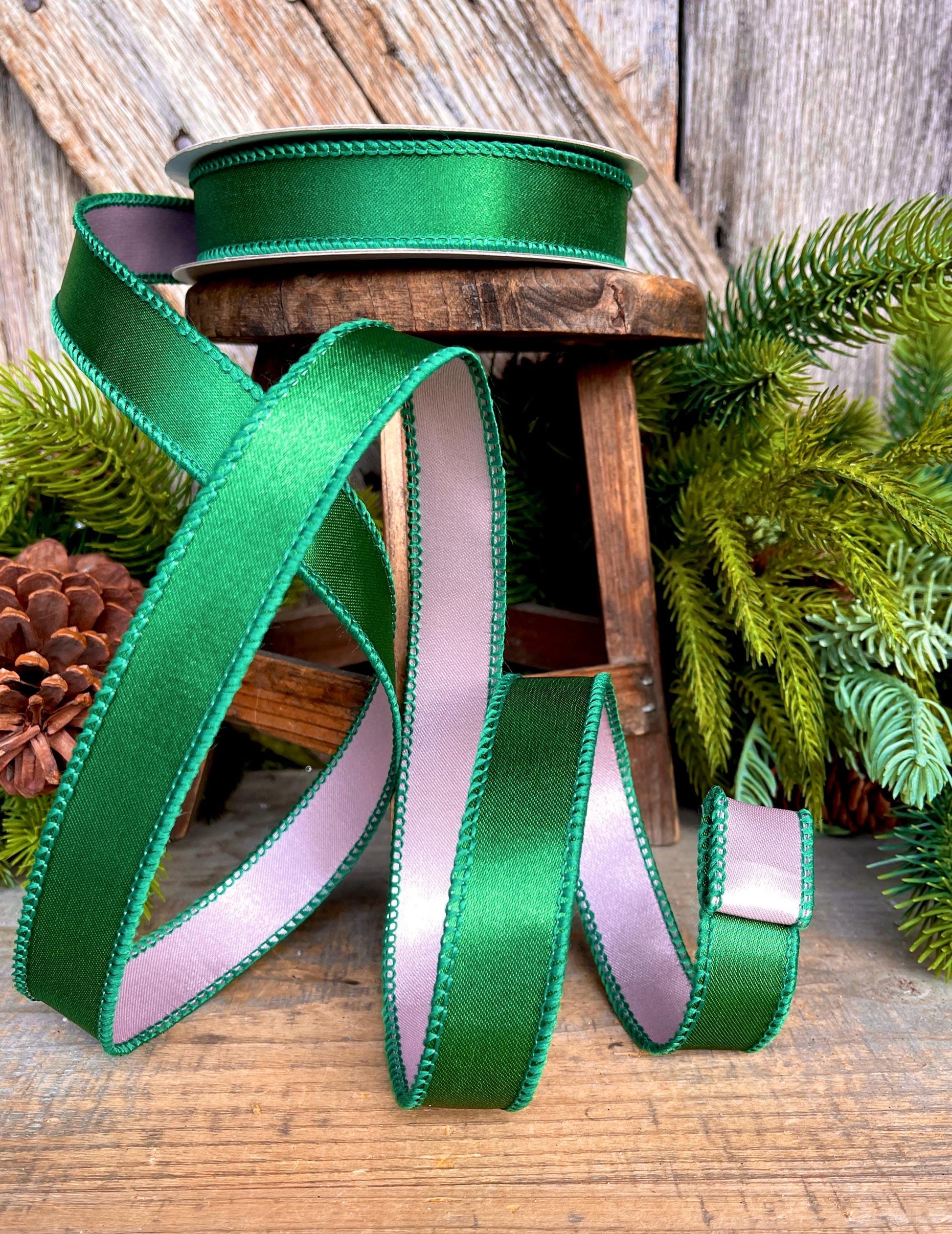 1" Green & Pink Satin Ribbon, Farrisilk Ribbon, Exclusive Ribbon, Christmas RIbbon