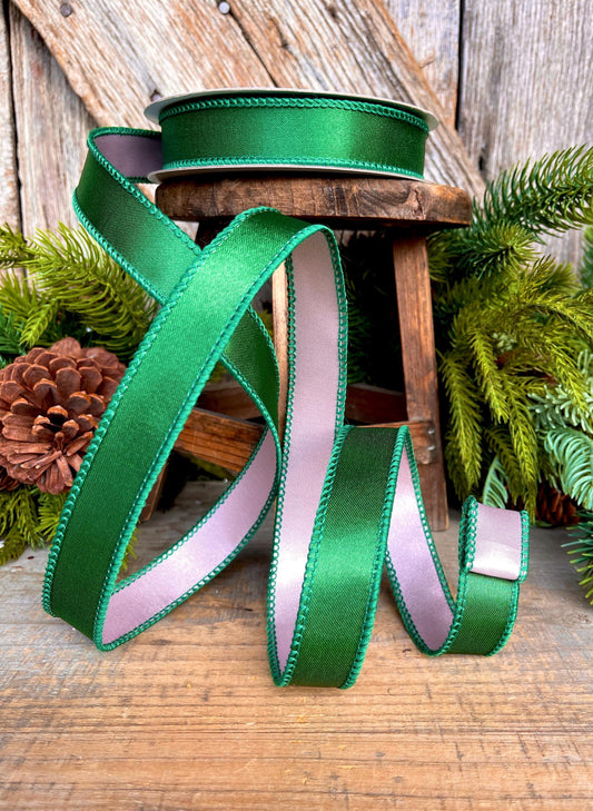 1" Green & Pink Satin Ribbon, Farrisilk Ribbon, Exclusive Ribbon, Christmas RIbbon