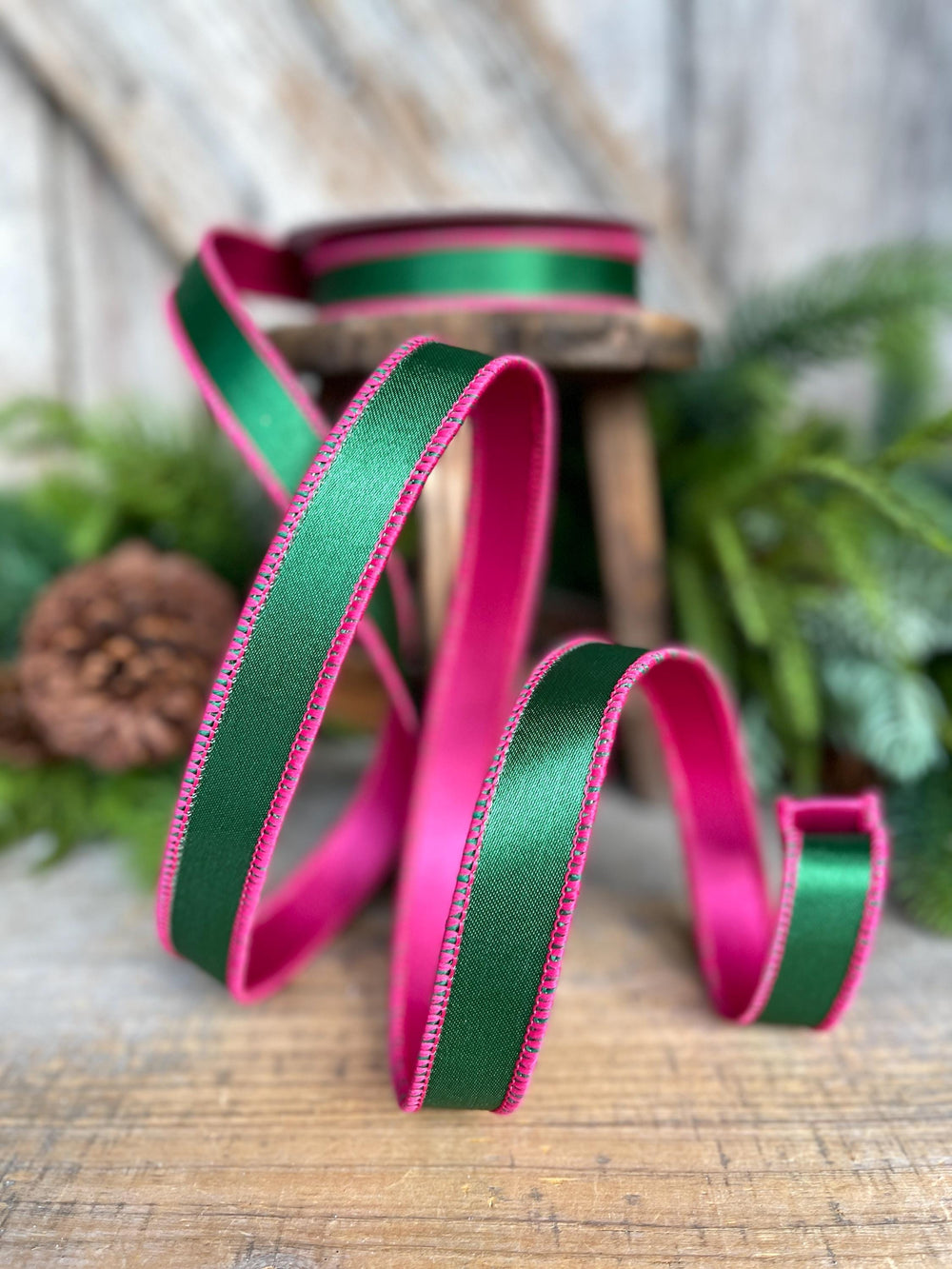1" Green & Hot Pink Satin Ribbon, Farrisilk Ribbon, Exclusive Ribbon