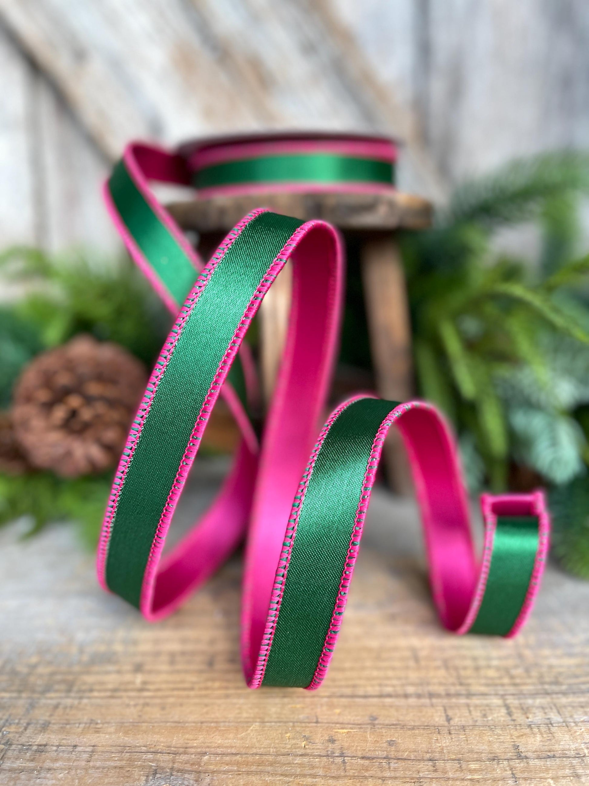 1" Green & Hot Pink Satin Ribbon, Farrisilk Ribbon, Exclusive Ribbon, Christmas RIbbon