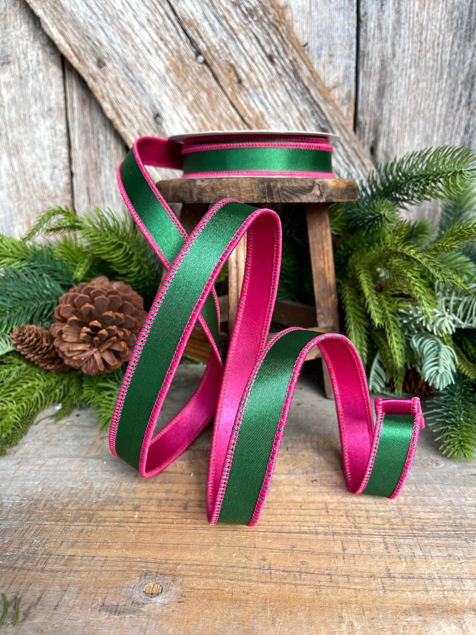 1" Green & Hot Pink Satin Ribbon, Farrisilk Ribbon, Exclusive Ribbon, Christmas RIbbon