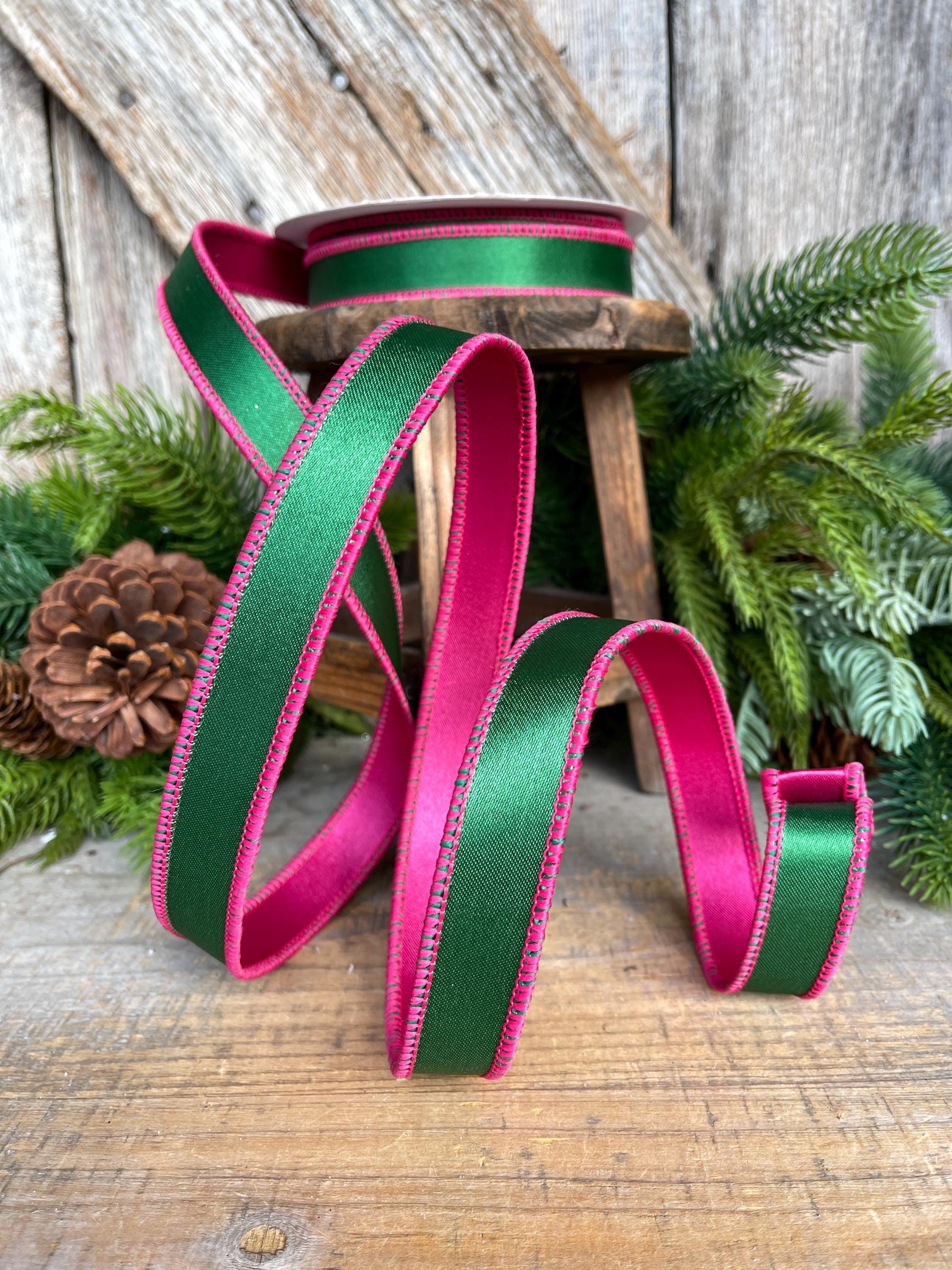 1" Green & Hot Pink Satin Ribbon, Farrisilk Ribbon, Exclusive Ribbon, Christmas RIbbon