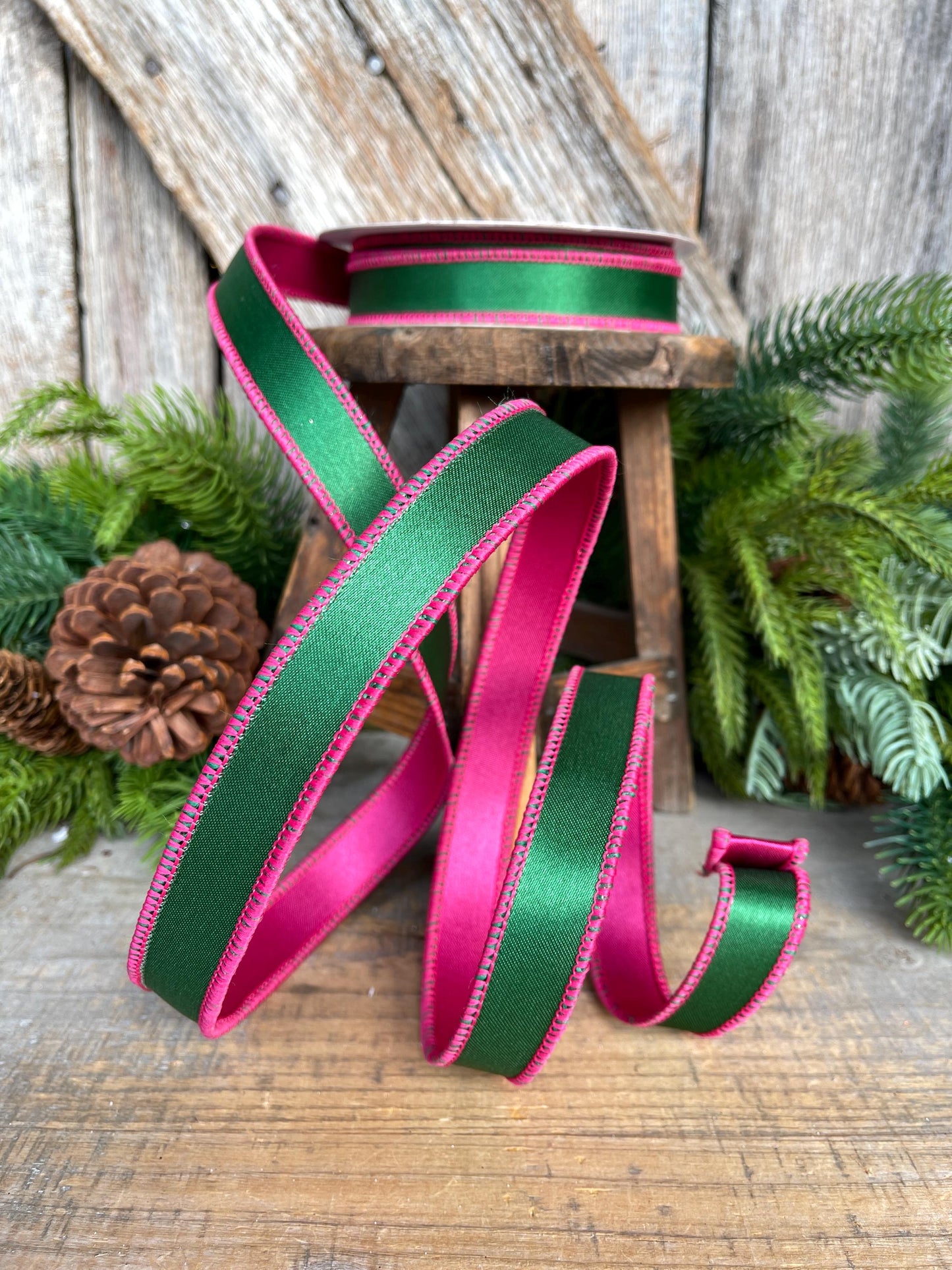 1" Green & Hot Pink Satin Ribbon, Farrisilk Ribbon, Exclusive Ribbon, Christmas RIbbon