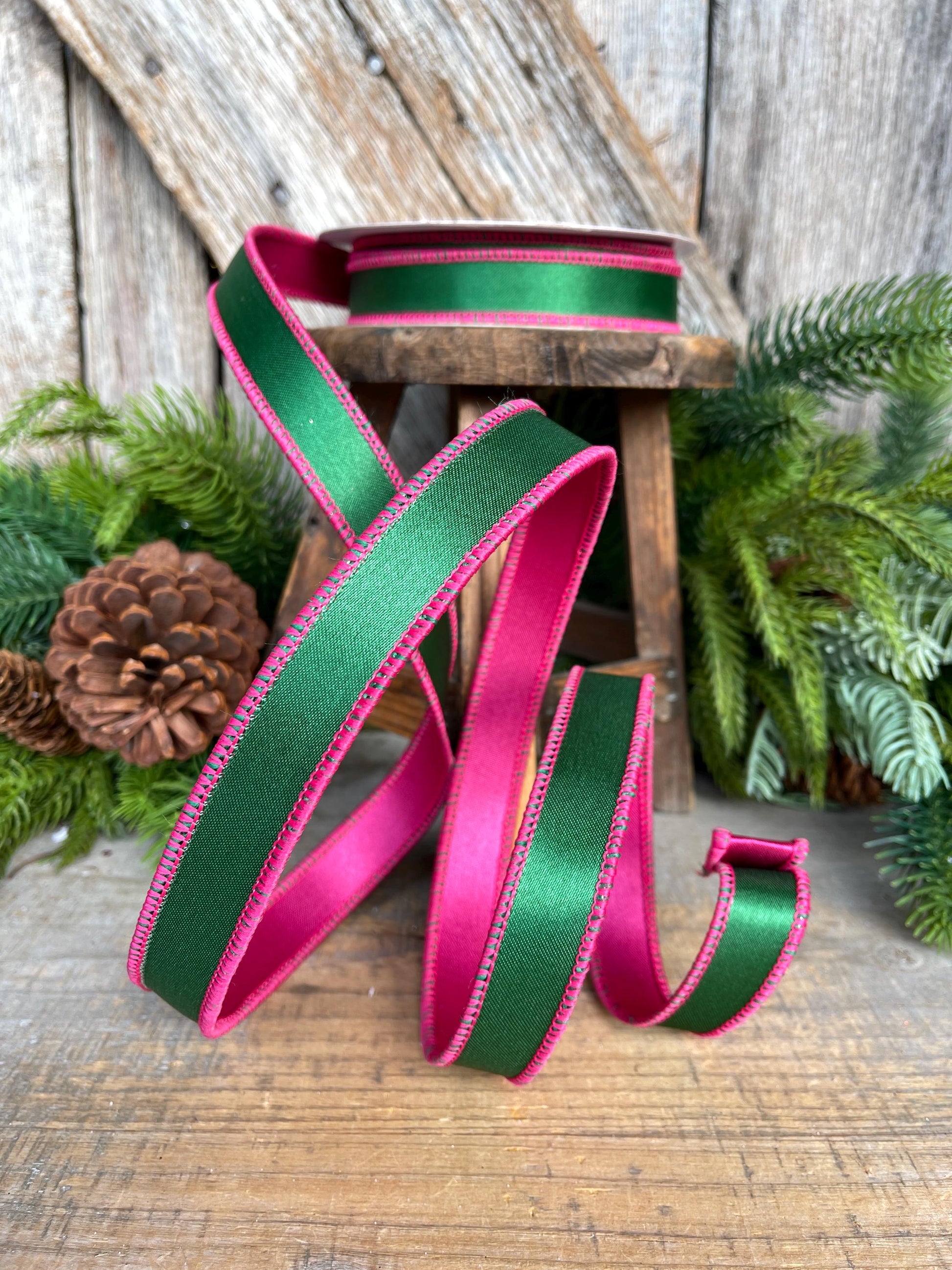 1" Green & Hot Pink Satin Ribbon, Farrisilk Ribbon, Exclusive Ribbon, Christmas RIbbon