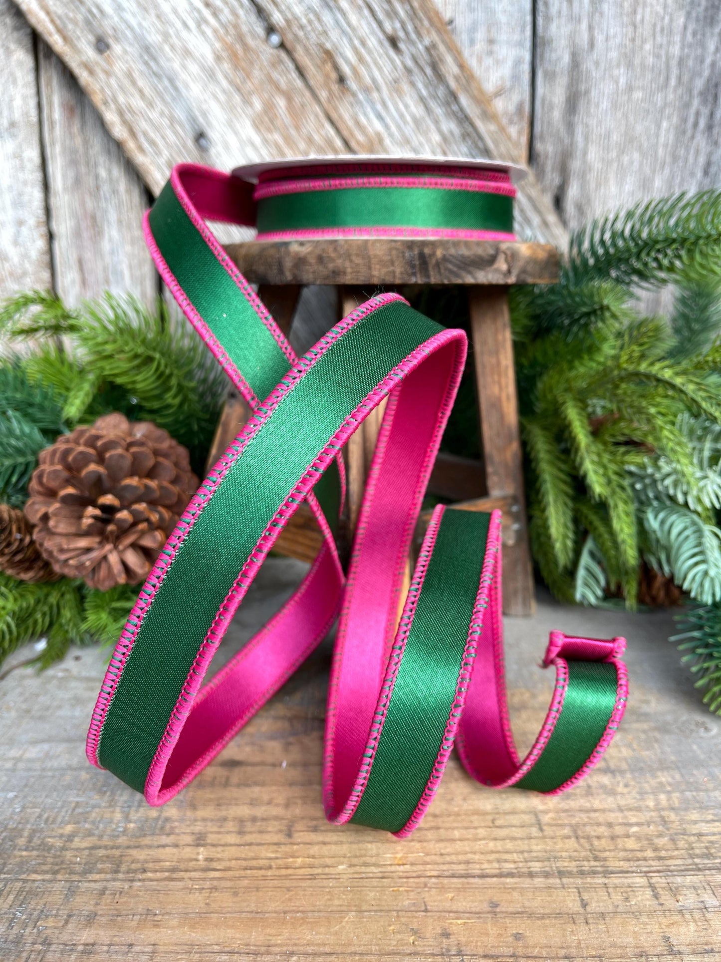 1" Green & Hot Pink Satin Ribbon, Farrisilk Ribbon, Exclusive Ribbon, Christmas RIbbon