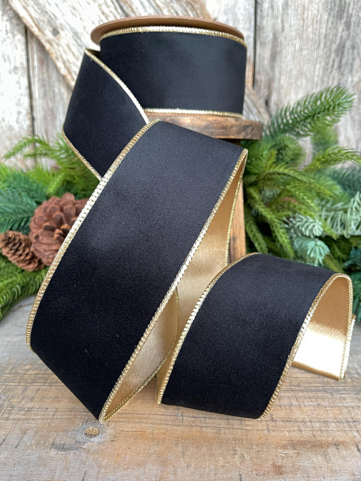 2.5" Black Velvet Ribbon, Wired RIbbon, Black Gold Velvet Ribbon