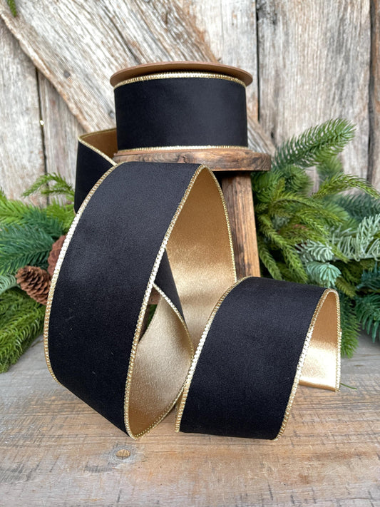 2.5" Black Velvet Ribbon, Wired RIbbon, Black Gold Velvet Ribbon, Christmas RIbbon, Designer Ribbon, Ribbon for Christmas Tree