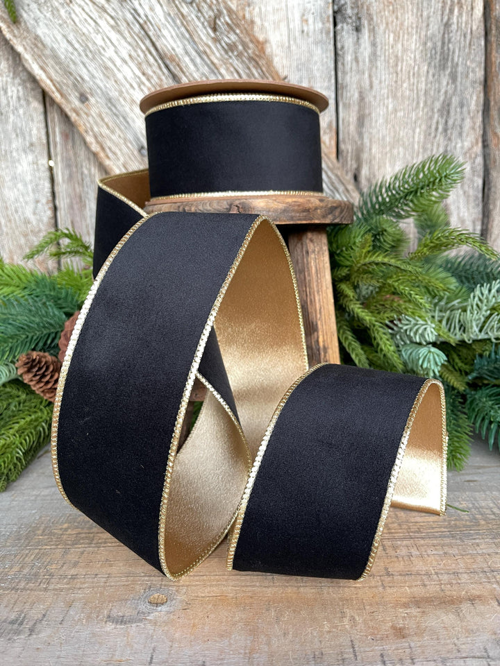 2.5" Black Velvet Ribbon, Wired RIbbon, Black Gold Velvet Ribbon