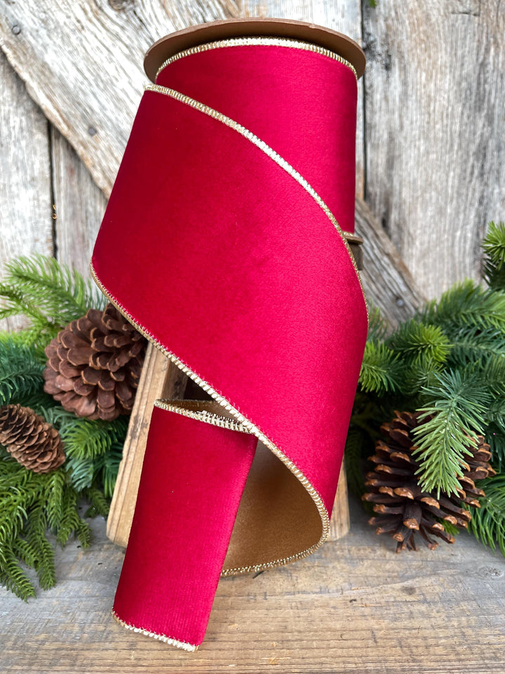 Red Gold Velvet Ribbon: 4" Wired Christmas Designer Ribbon