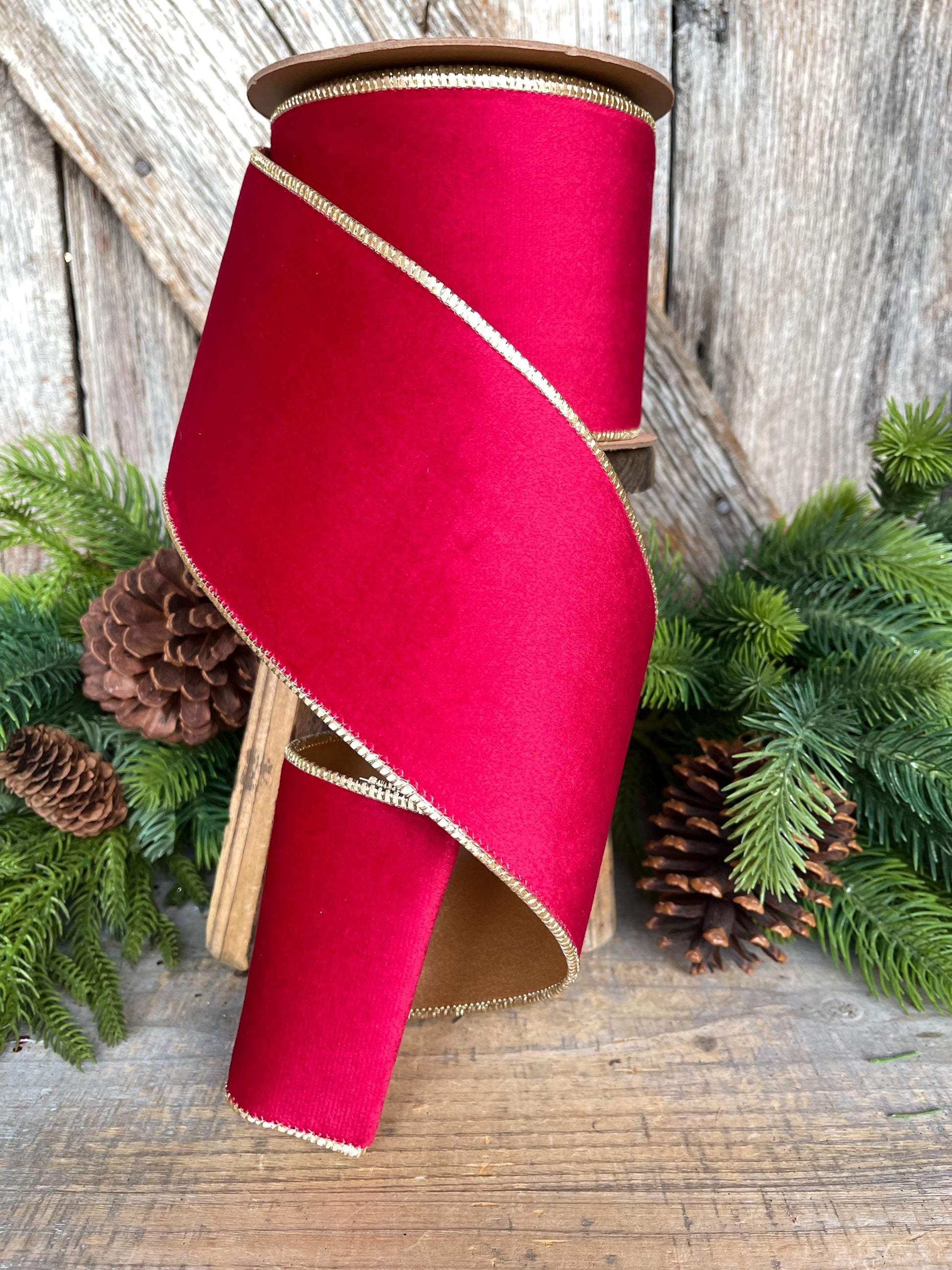 4" Red Gold Velvet Ribbon, Red Velvet Ribbon, Christmas RIbbon, Red and Gold Velvet Ribbon, Designer Ribbon, Christmas