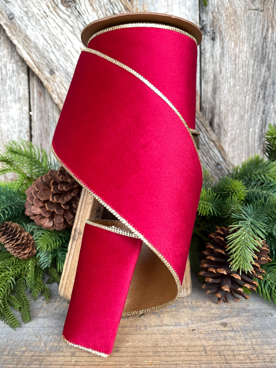 Red Gold Velvet Ribbon: 4" Wired Christmas Designer Ribbon