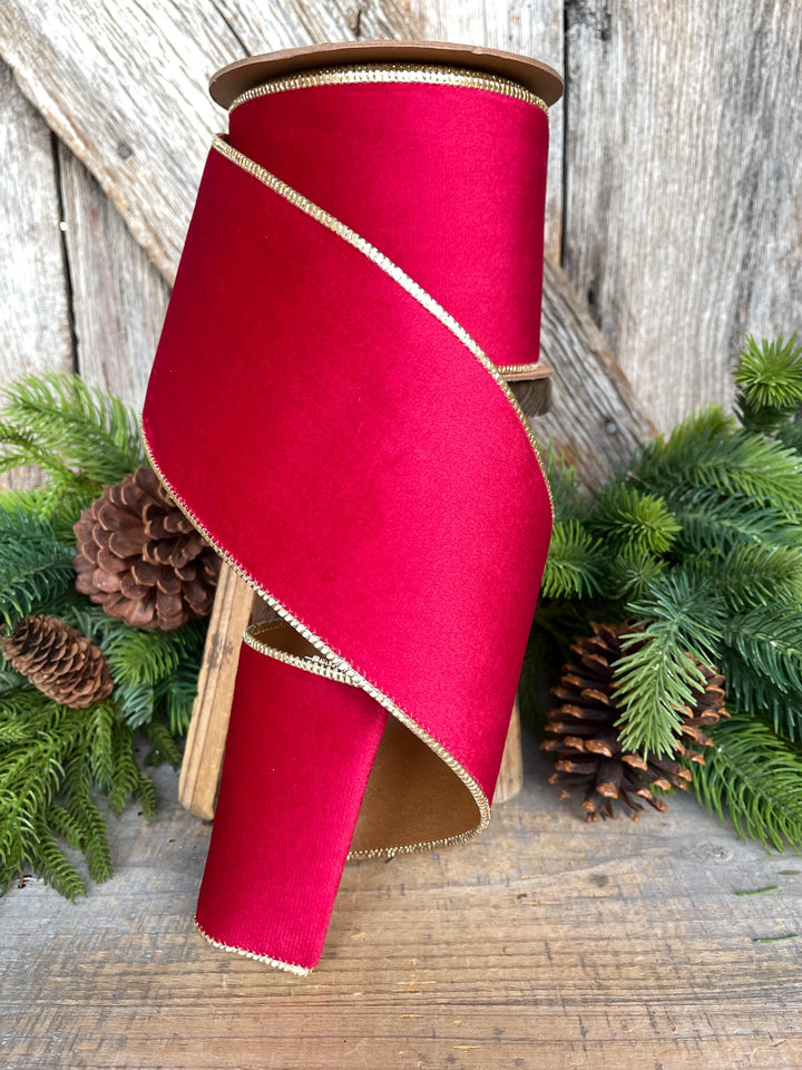 Red Gold Velvet Ribbon: 4" Wired Christmas Designer Ribbon