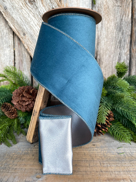 4" Military Blue Velvet Ribbon, Christmas Ribbon, 4" x 10yds, Dusty Blue Velvet Ribbon