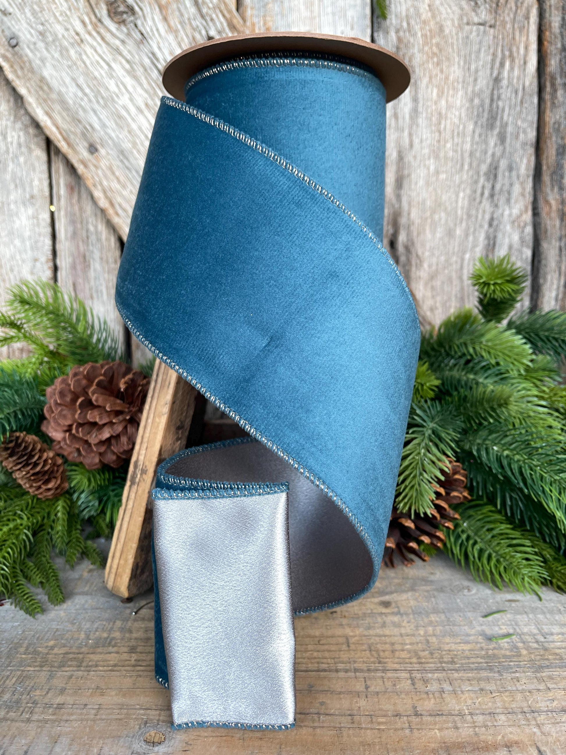 4" Military Blue Velvet Ribbon, Christmas Ribbon, 4" x 10yds, Dusty Blue Velvet Ribbon