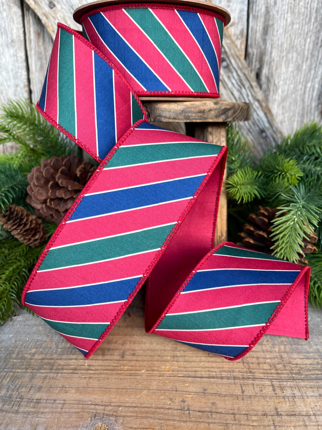 Red Green Blue Striped Christmas Ribbon: Wired Edge, 2.5" x 10 yds, 9651W-039-63E