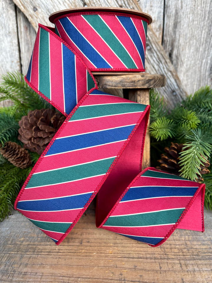 Red Green Blue Striped Christmas Ribbon: Wired Edge, 2.5" x 10 yds, 9651W-039-63E