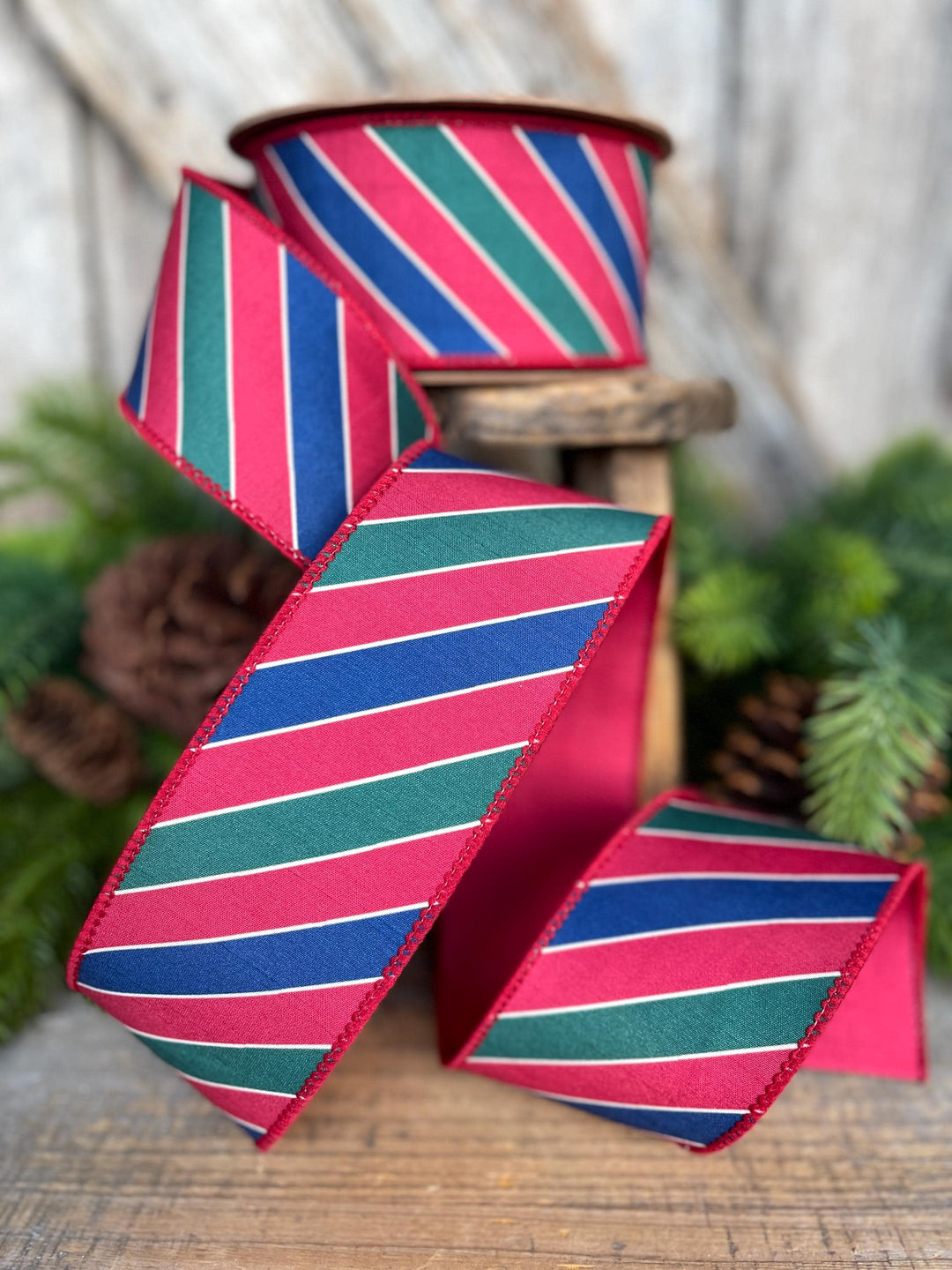 Red Green Blue Striped Christmas Ribbon: Wired Edge, 2.5" x 10 yds, 9651W-039-63E