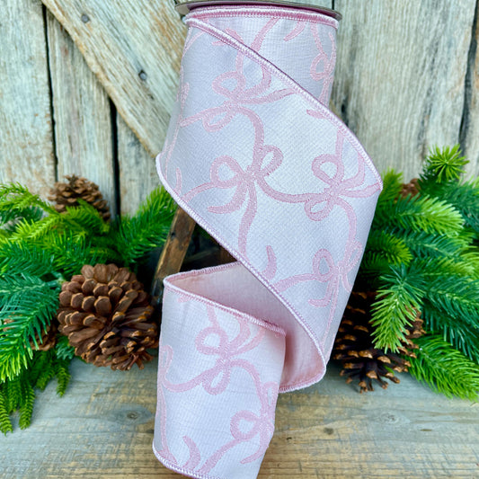 4" Pink Embroidered Bow Ribbon, Farrisilk Ribbon, Pink Bow Coquette Ribbon, Christmas Tree Ribbon