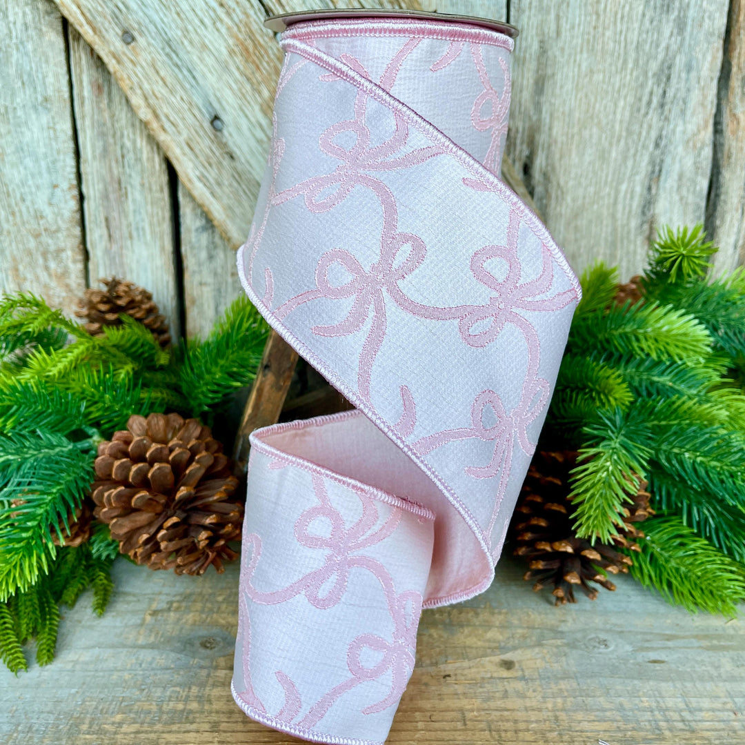 4" Pink Embroidered Bow Ribbon, Farrisilk Ribbon, Pink Bow Coquette Ribbon