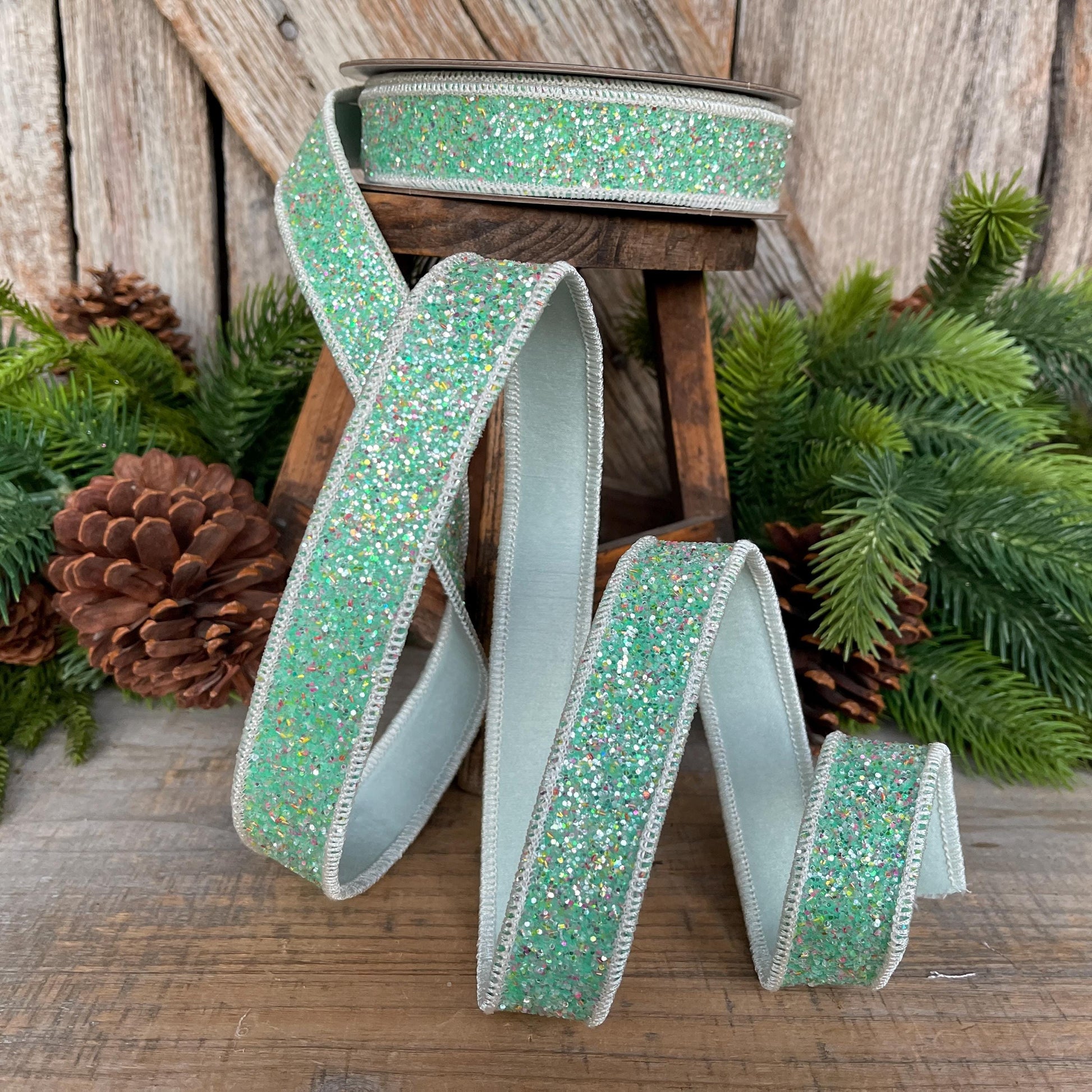 1" Mint Green Glitter Ribbon, Farrisilk Ribbon, Spearmint Glitter Ribbon, Christmas Tree Ribbon