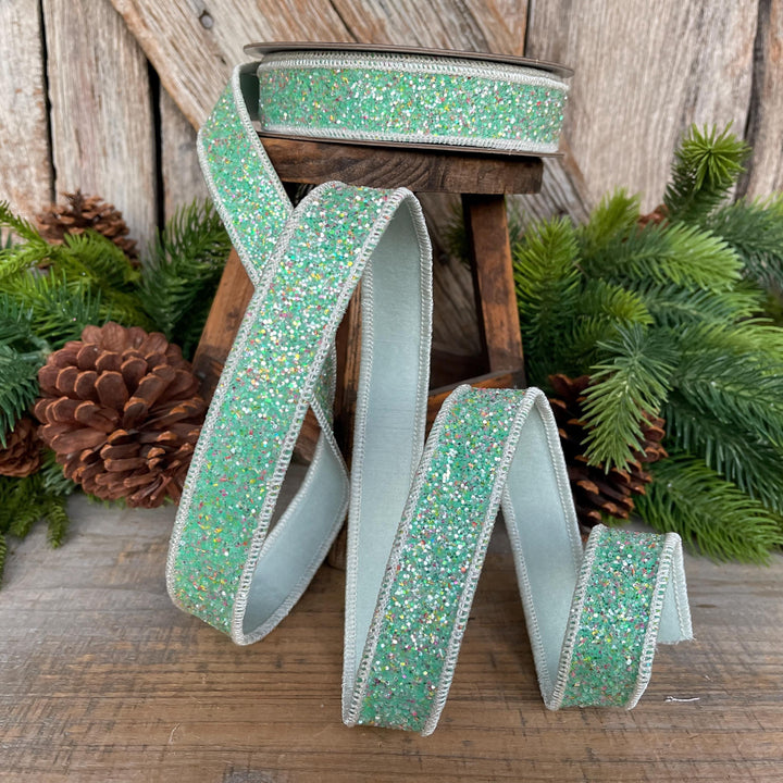 1" Mint Green Glitter Ribbon, Farrisilk Ribbon, Spearmint Glitter Ribbon