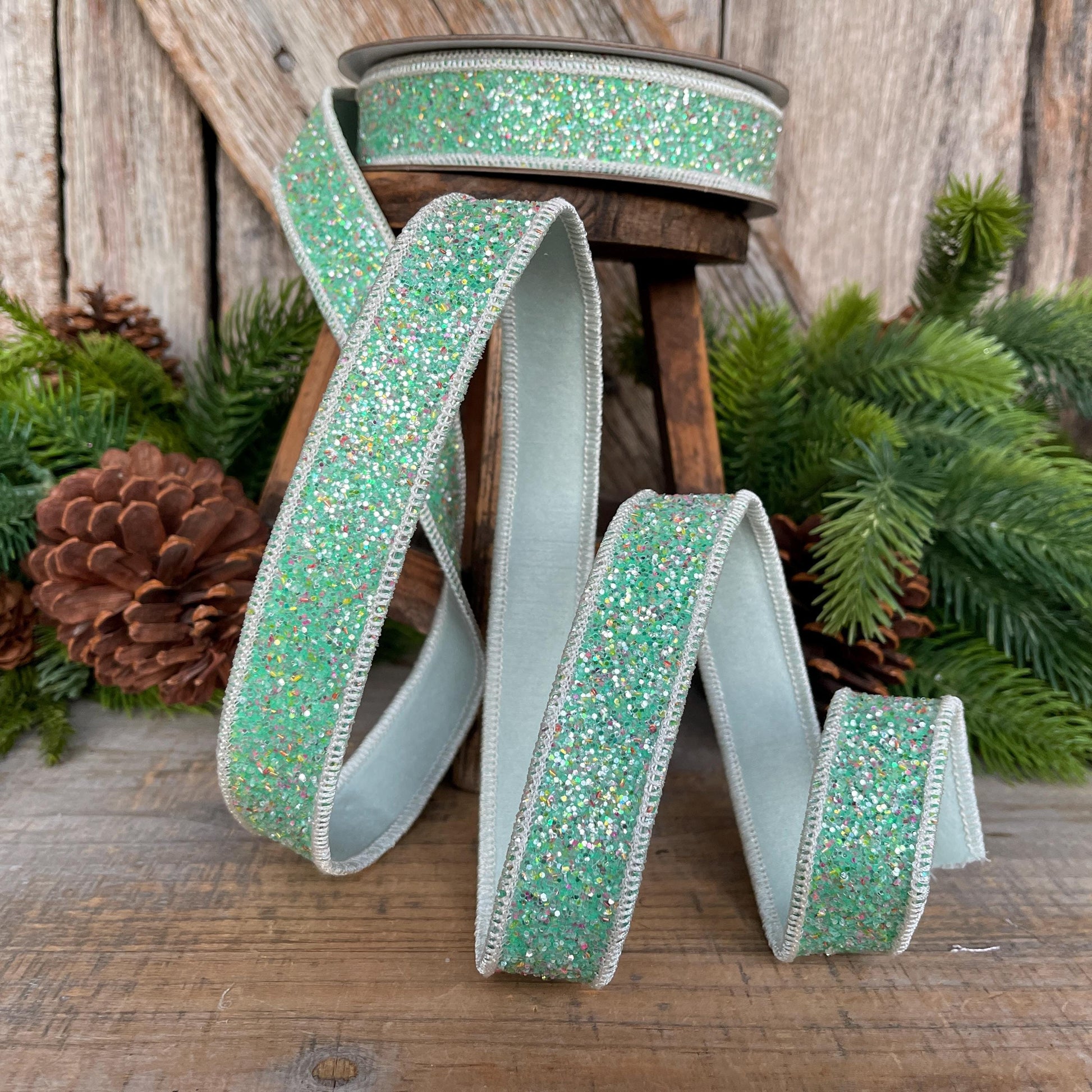 1" Mint Green Glitter Ribbon, Farrisilk Ribbon, Spearmint Glitter Ribbon, Christmas Tree Ribbon