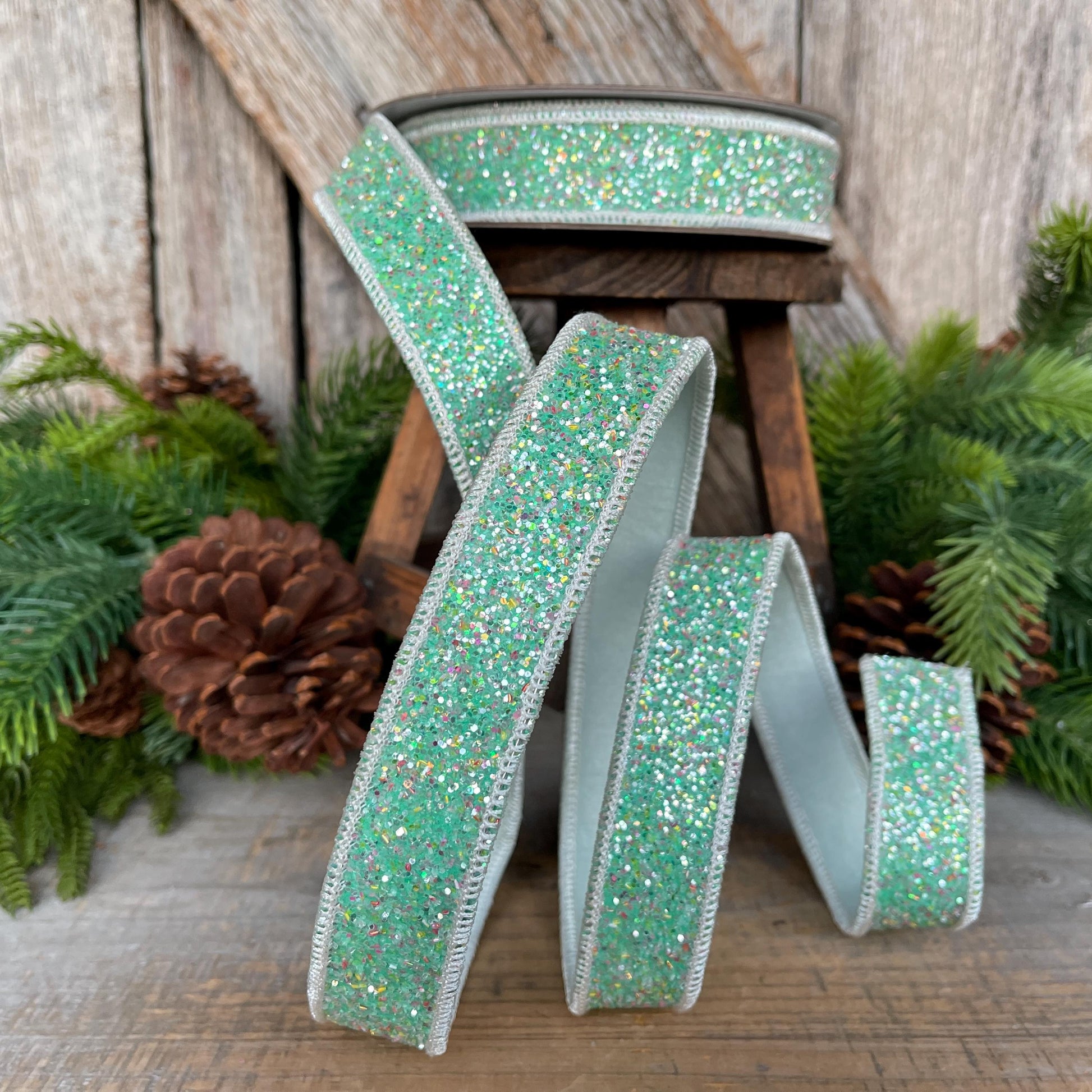 1" Mint Green Glitter Ribbon, Farrisilk Ribbon, Spearmint Glitter Ribbon, Christmas Tree Ribbon
