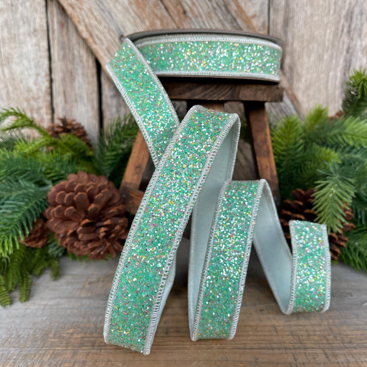 1" Mint Green Glitter Ribbon, Farrisilk Ribbon, Spearmint Glitter Ribbon