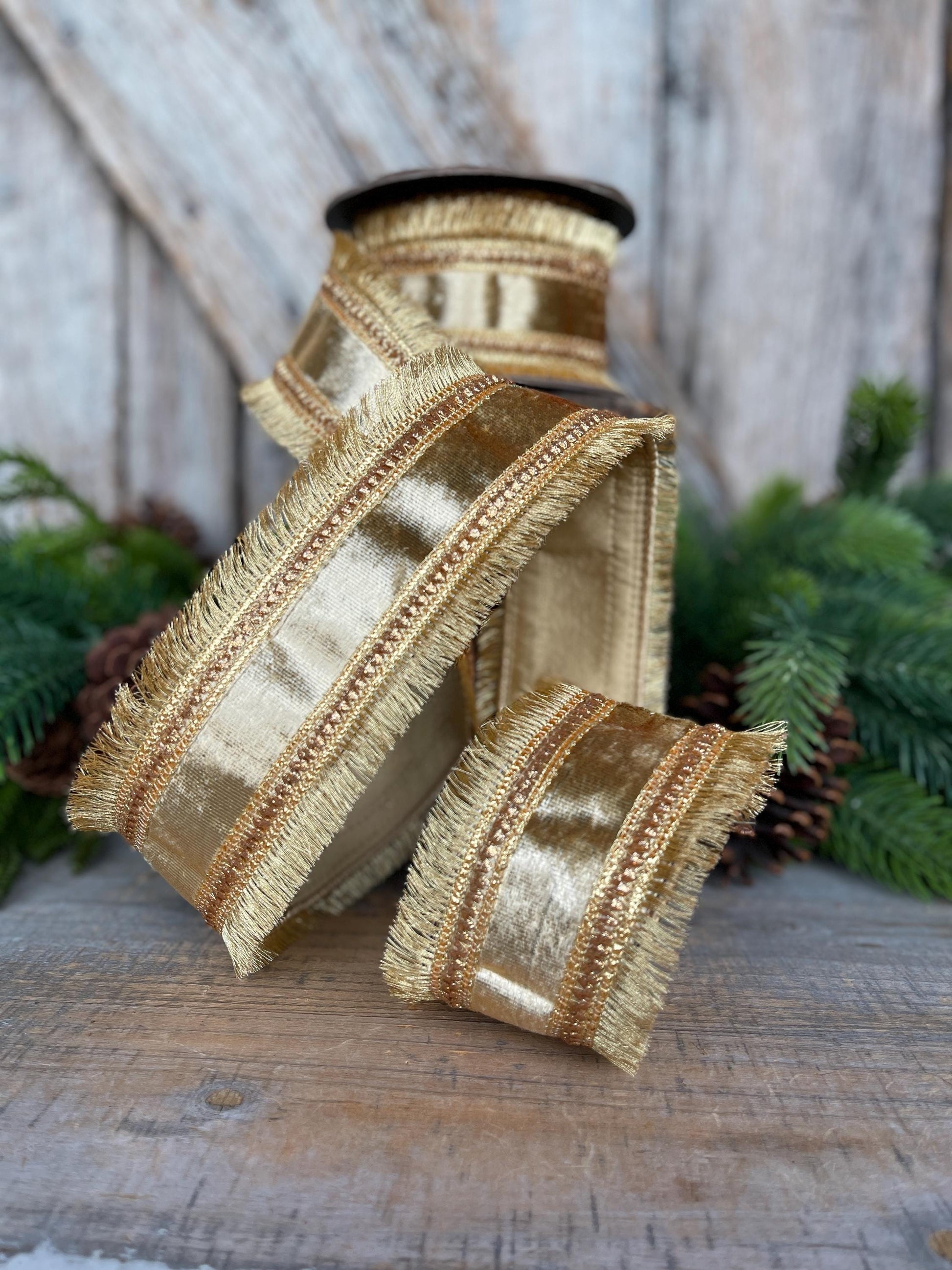 2.5" Gold Velvet Fringe Ribbon, Christmas Ribbon, Gold RIbbon
