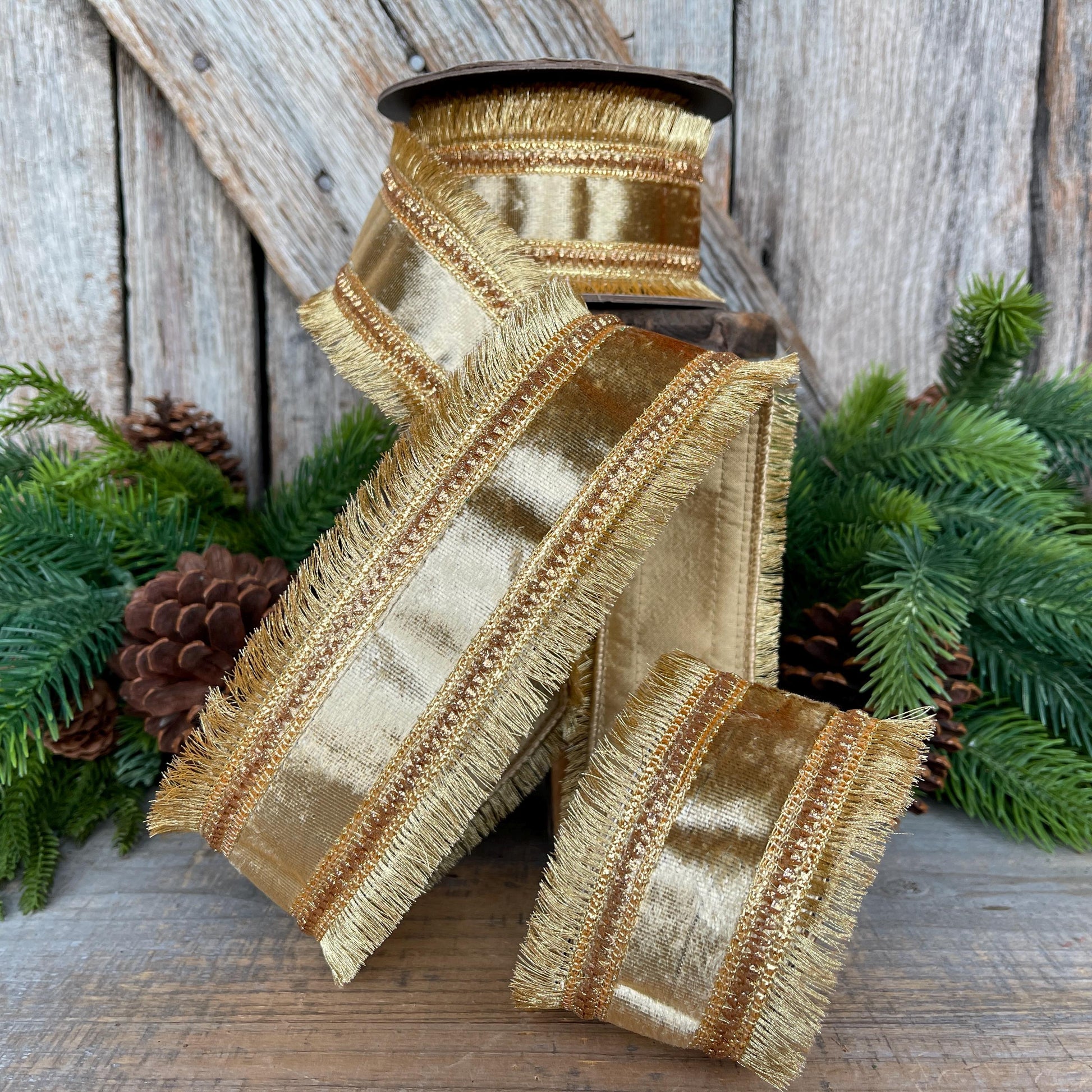 2.5" Gold Velvet Fringe Ribbon, Christmas Ribbon, Gold RIbbon, Christmas Tree Ribbon
