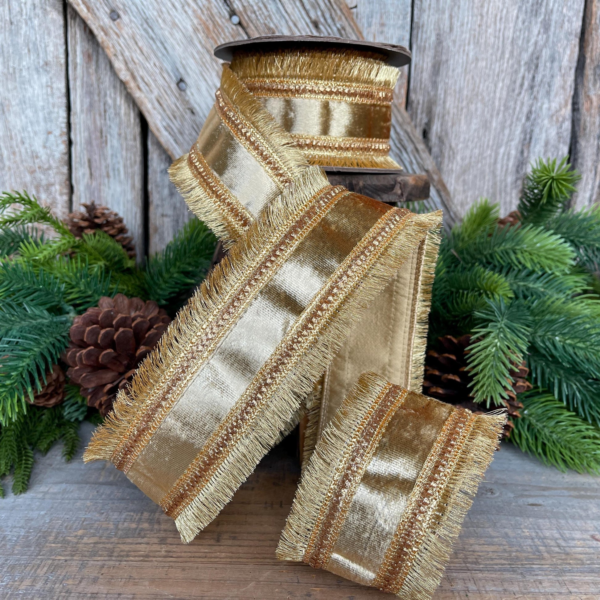 2.5" Gold Velvet Fringe Ribbon, Christmas Ribbon, Gold RIbbon