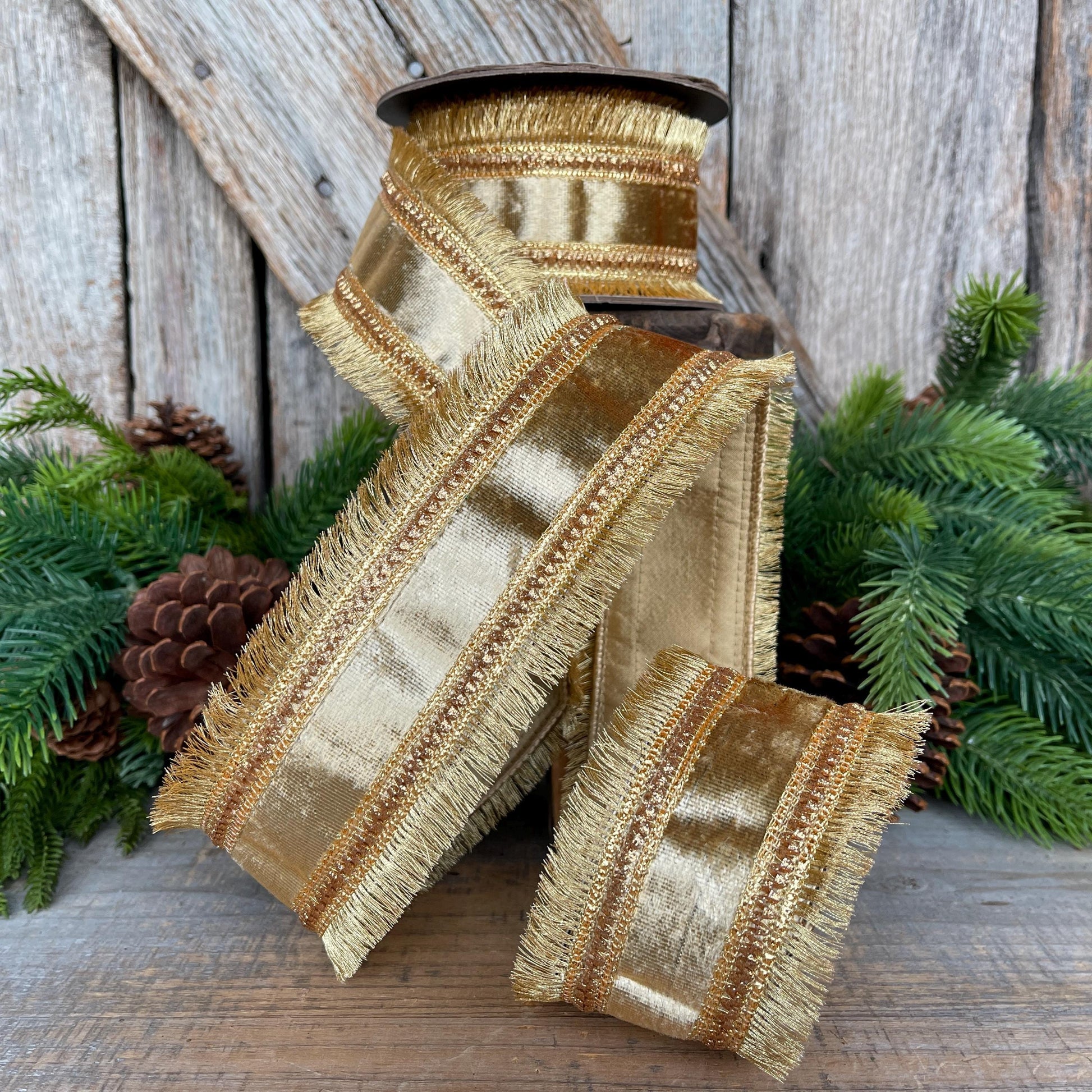 2.5" Gold Velvet Fringe Ribbon, Christmas Ribbon, Gold RIbbon, Christmas Tree Ribbon