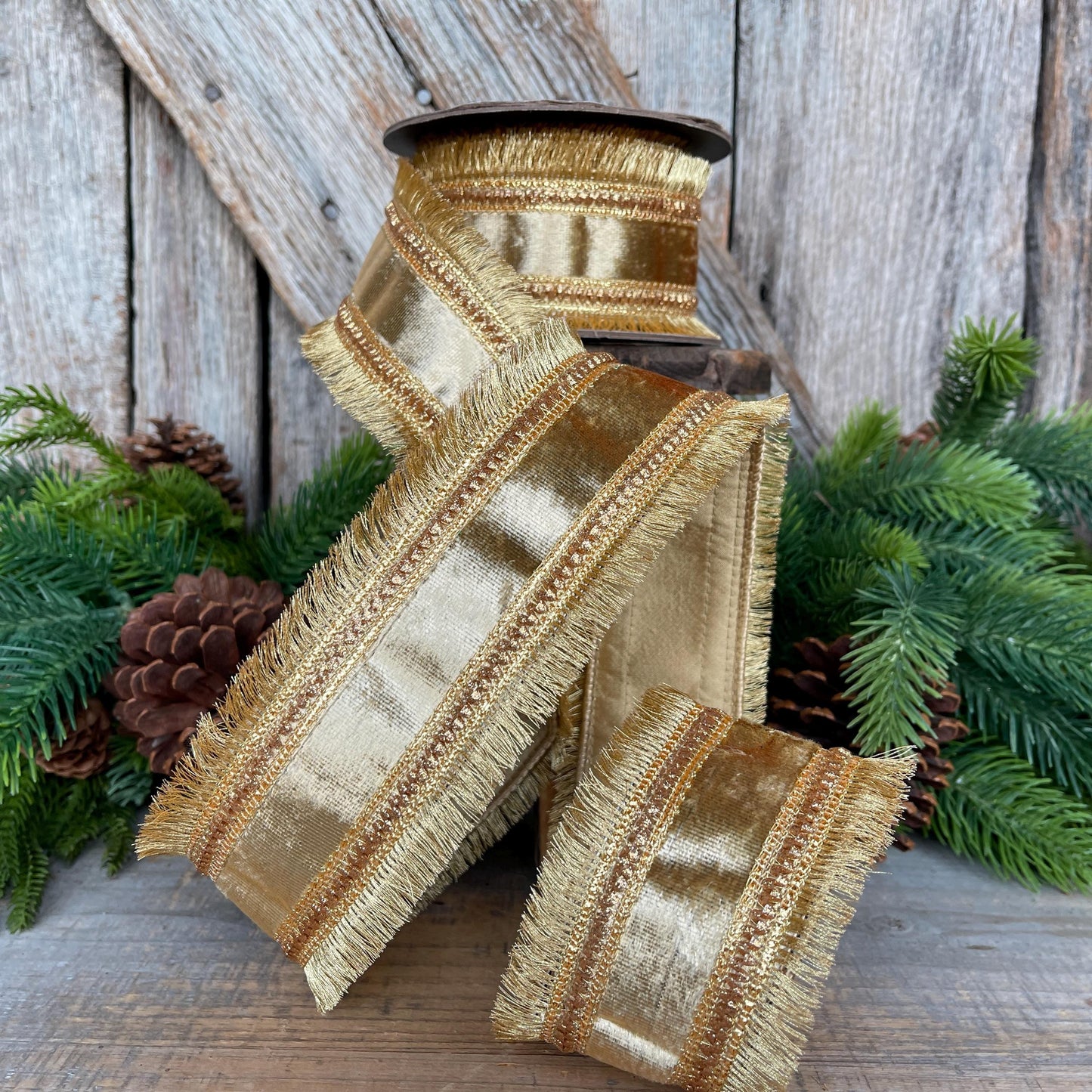 2.5" Gold Velvet Fringe Ribbon, Christmas Ribbon, Gold RIbbon