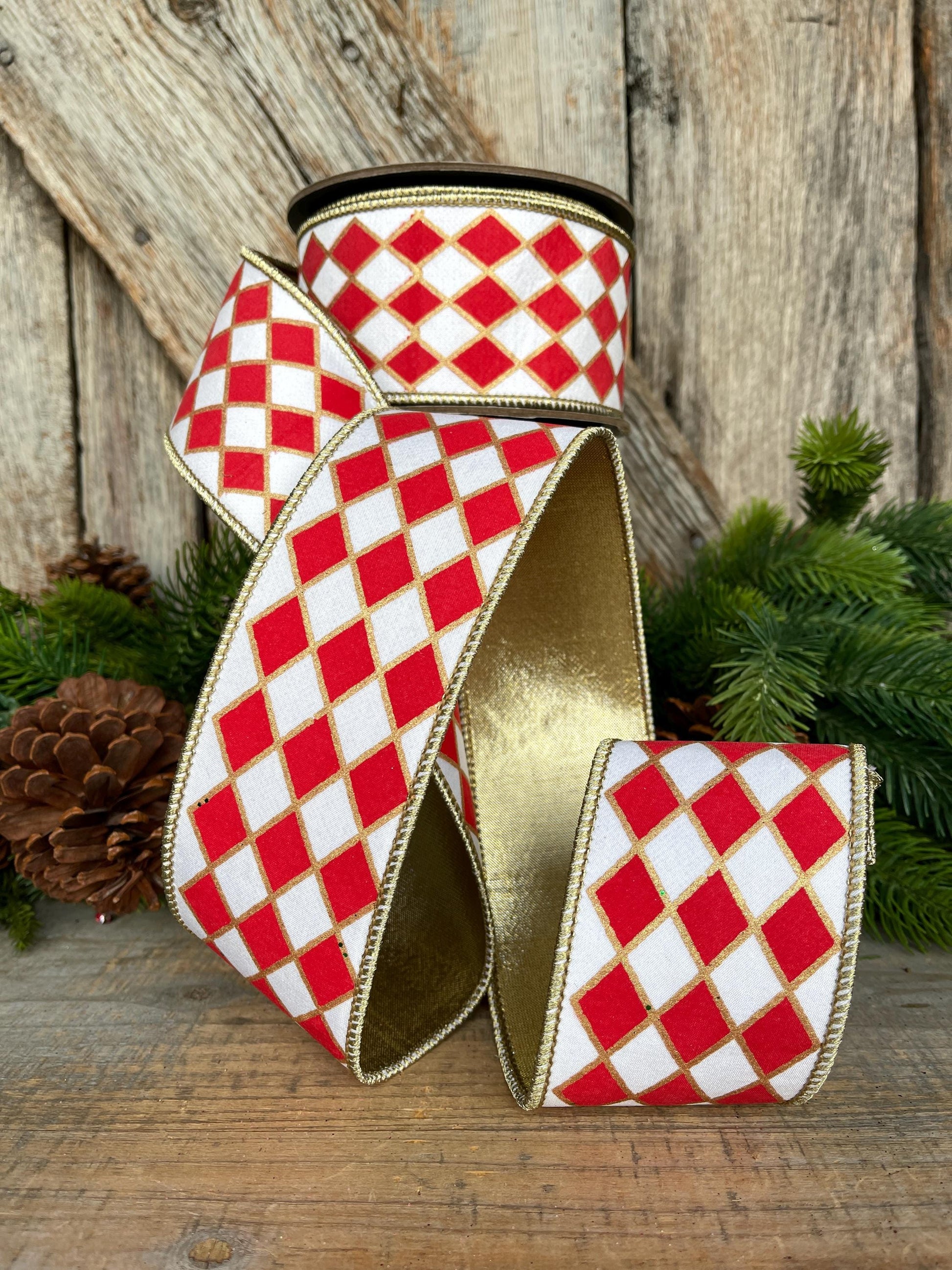 2.5" Red and White Harlequin Ribbon, Christmas Ribbon
