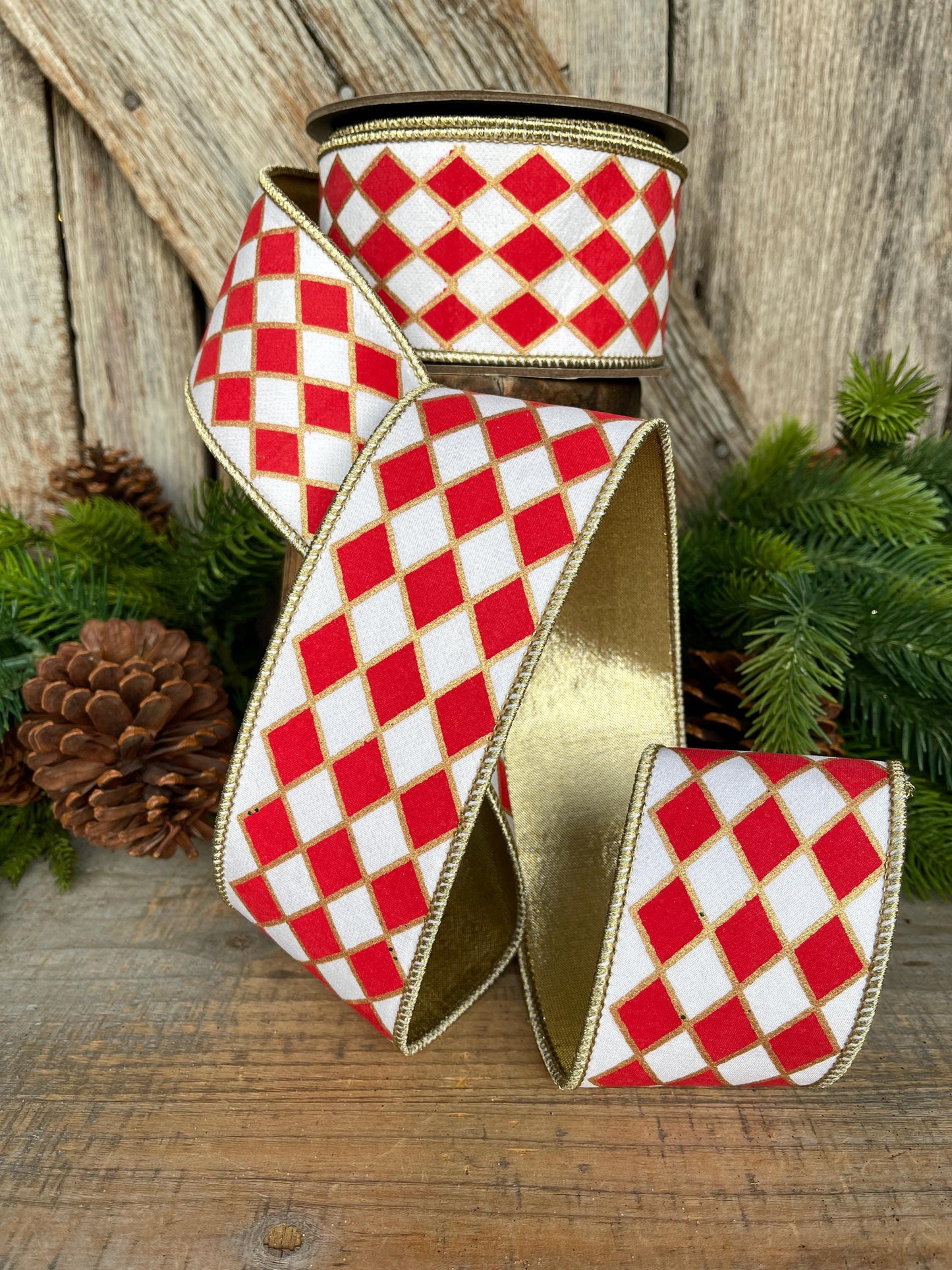 2.5" Red and White Harlequin Ribbon, Christmas Ribbon